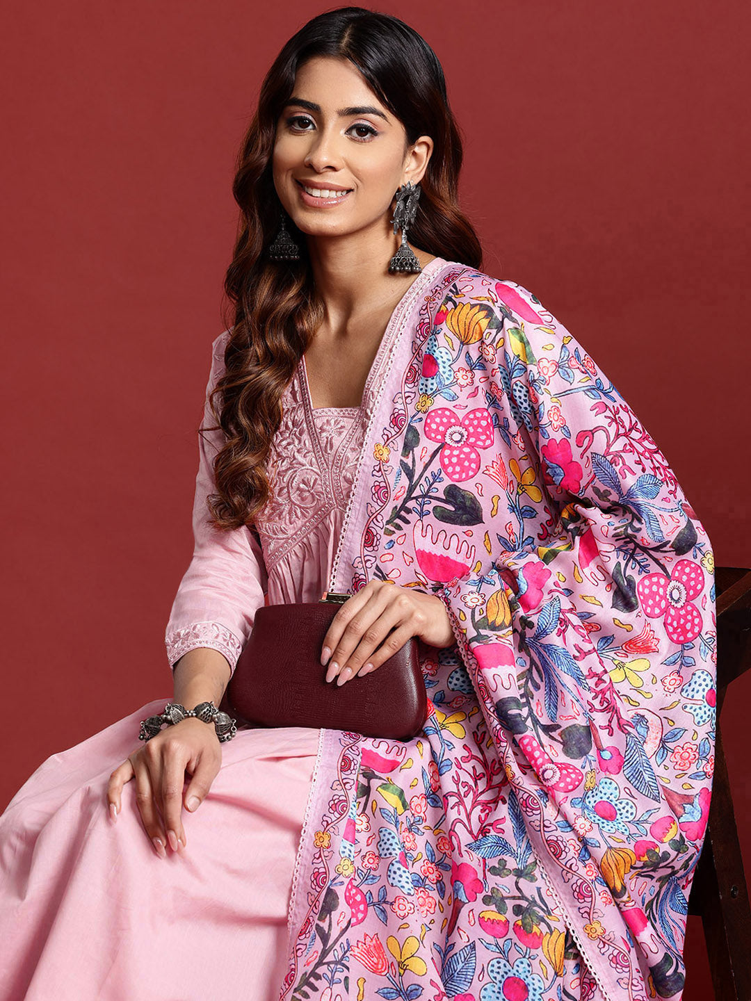 Dhiyona TI Women's Rose Pink Tonal Thread Embroidered Alia Cut Kurta With Pant & Dupatta
