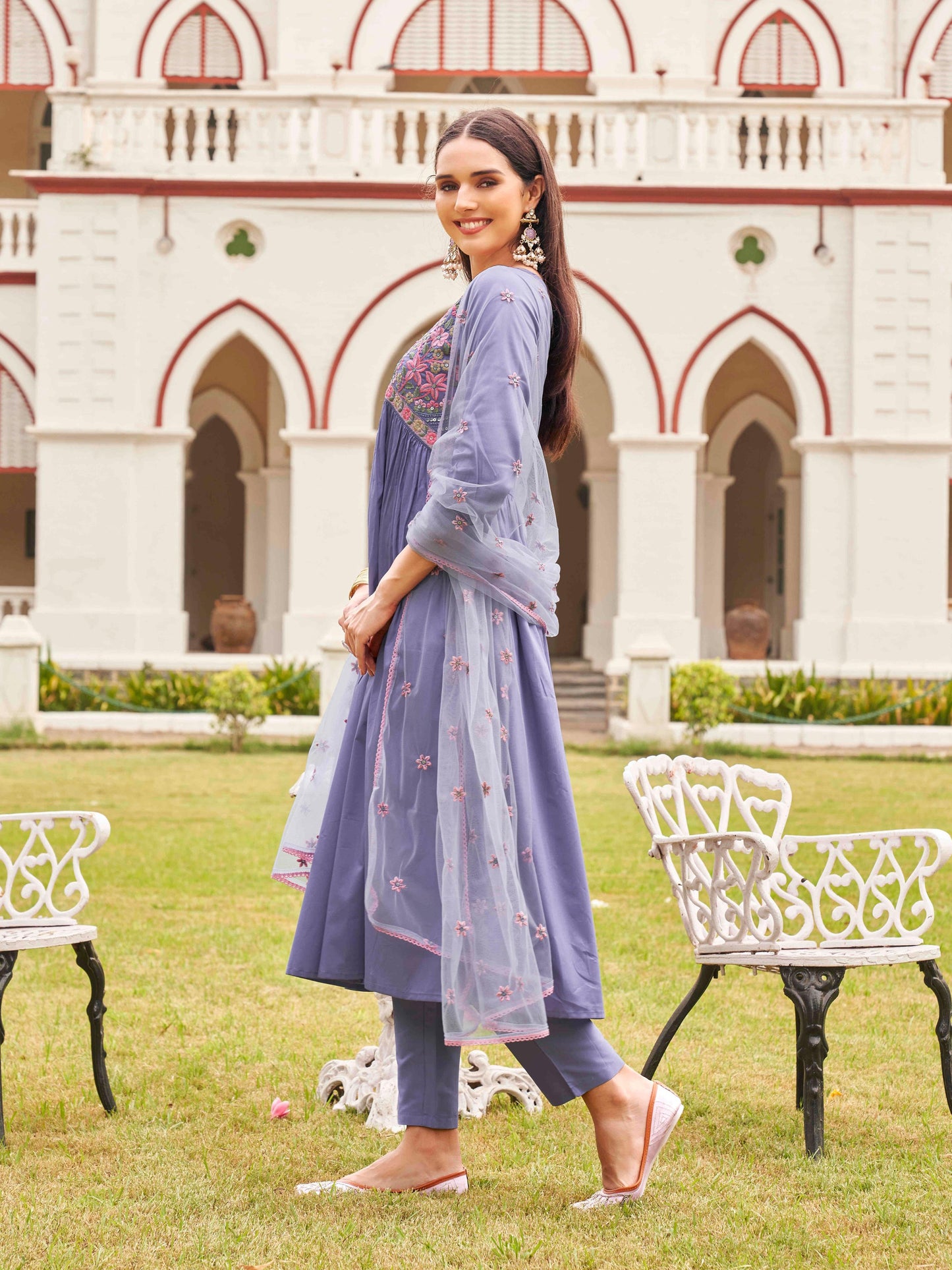 Dhiyona TI Women's Lavender Cotton Blend Multi Flared Alia Cut Kurta with Pant and Dupatta
