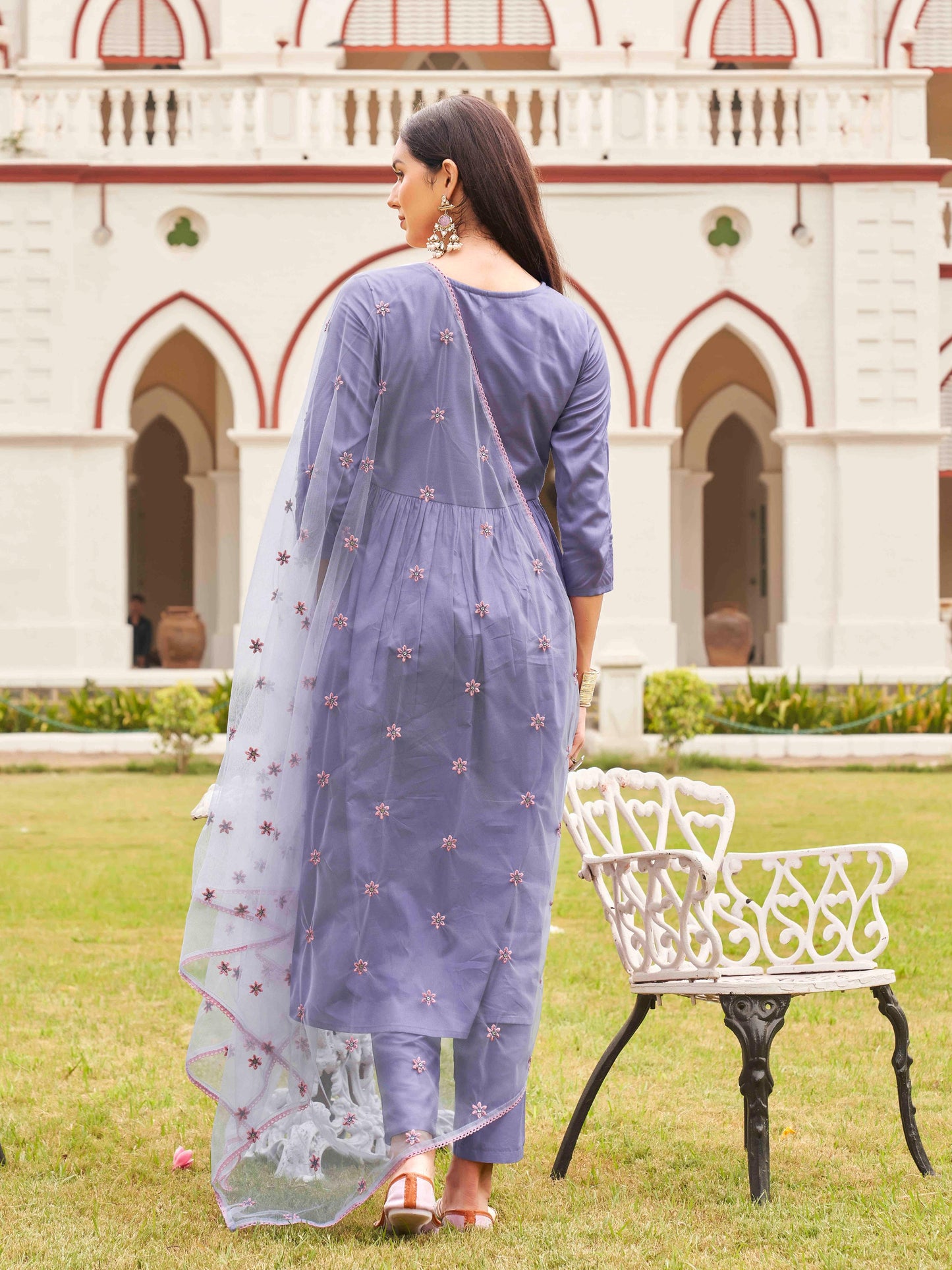 Dhiyona TI Women's Lavender Cotton Blend Multi Flared Alia Cut Kurta with Pant and Dupatta