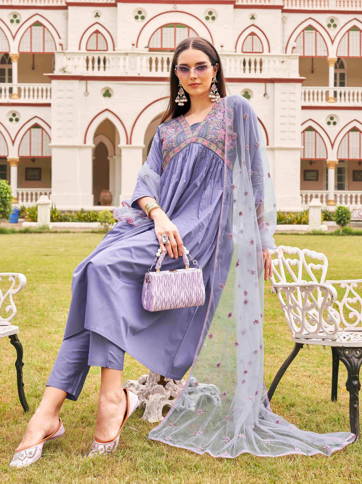 Dhiyona TI Women's Lavender Cotton Blend Multi Flared Alia Cut Kurta with Pant and Dupatta