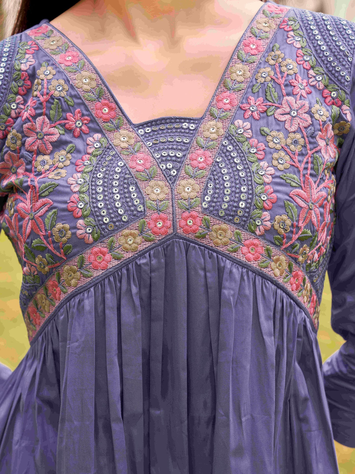 Dhiyona TI Women's Lavender Cotton Blend Multi Flared Alia Cut Kurta with Pant and Dupatta