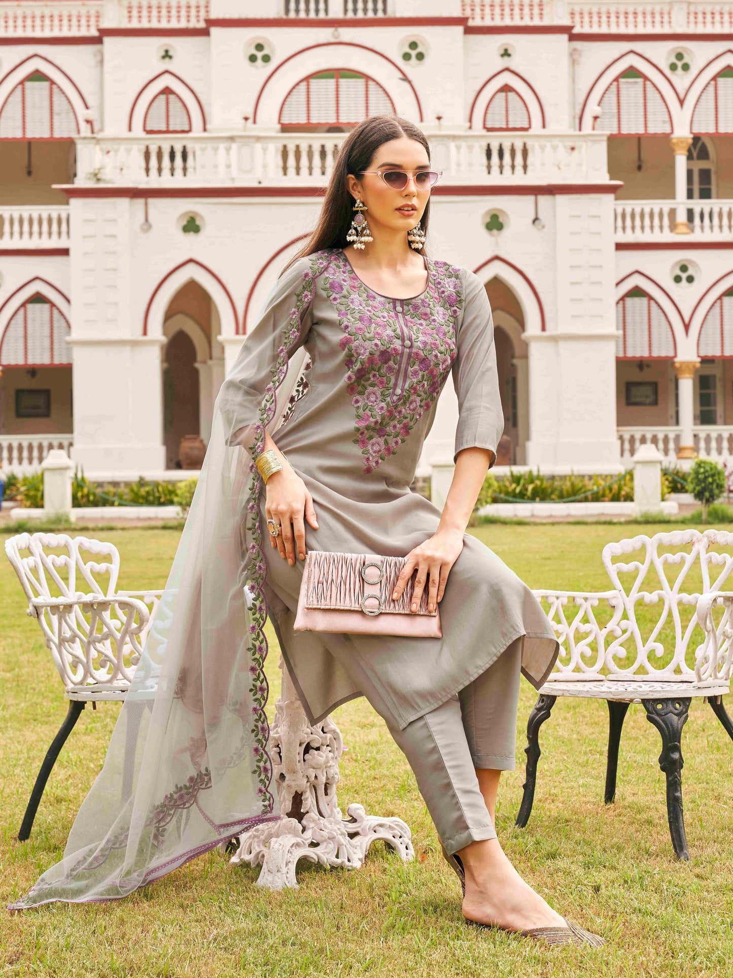 Dhiyona TI Women's Silk Blend Multi Thread Straight Cut Kurta with Pant and Dupatta