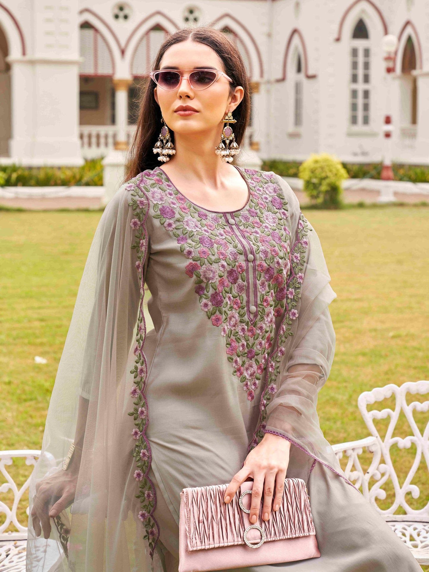 Dhiyona TI Women's Silk Blend Multi Thread Straight Cut Kurta with Pant and Dupatta