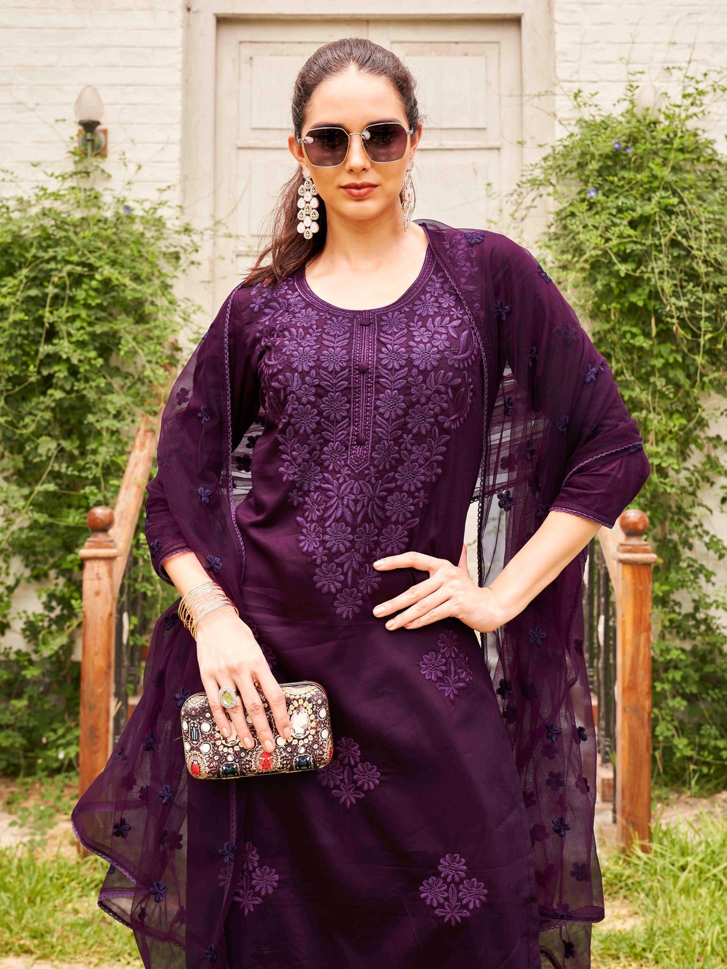 Dhiyona TI Women's Wine Silk Blend Tonal Thread Straight Cut Kurta with Pant and Dupatta