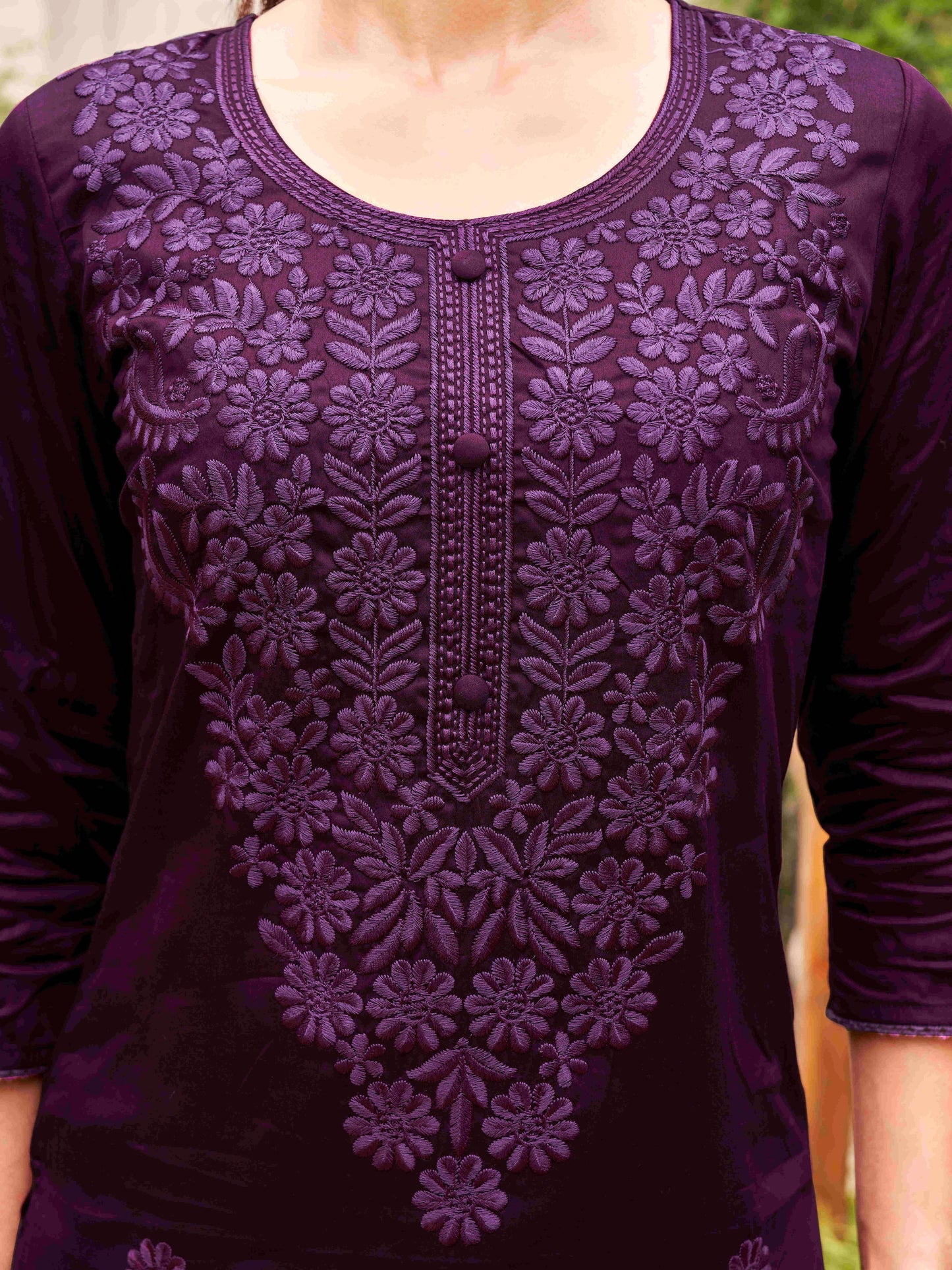Dhiyona TI Women's Wine Silk Blend Tonal Thread Straight Cut Kurta with Pant and Dupatta