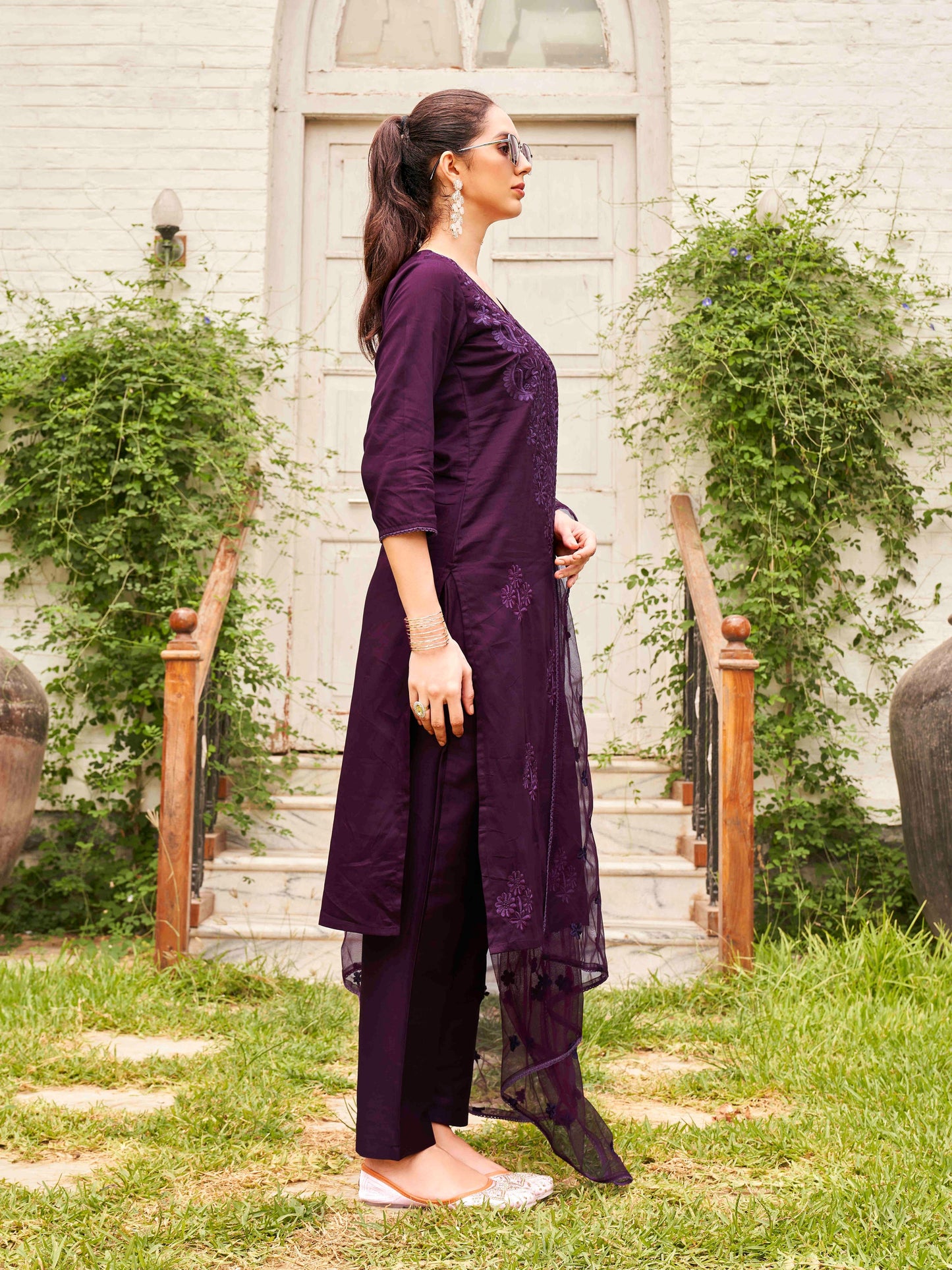 Dhiyona TI Women's Wine Silk Blend Tonal Thread Straight Cut Kurta with Pant and Dupatta