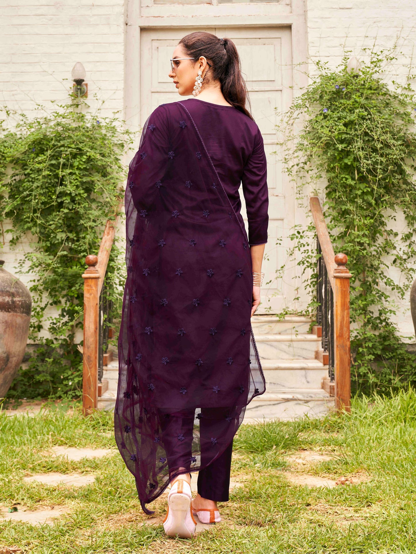 Dhiyona TI Women's Wine Silk Blend Tonal Thread Straight Cut Kurta with Pant and Dupatta