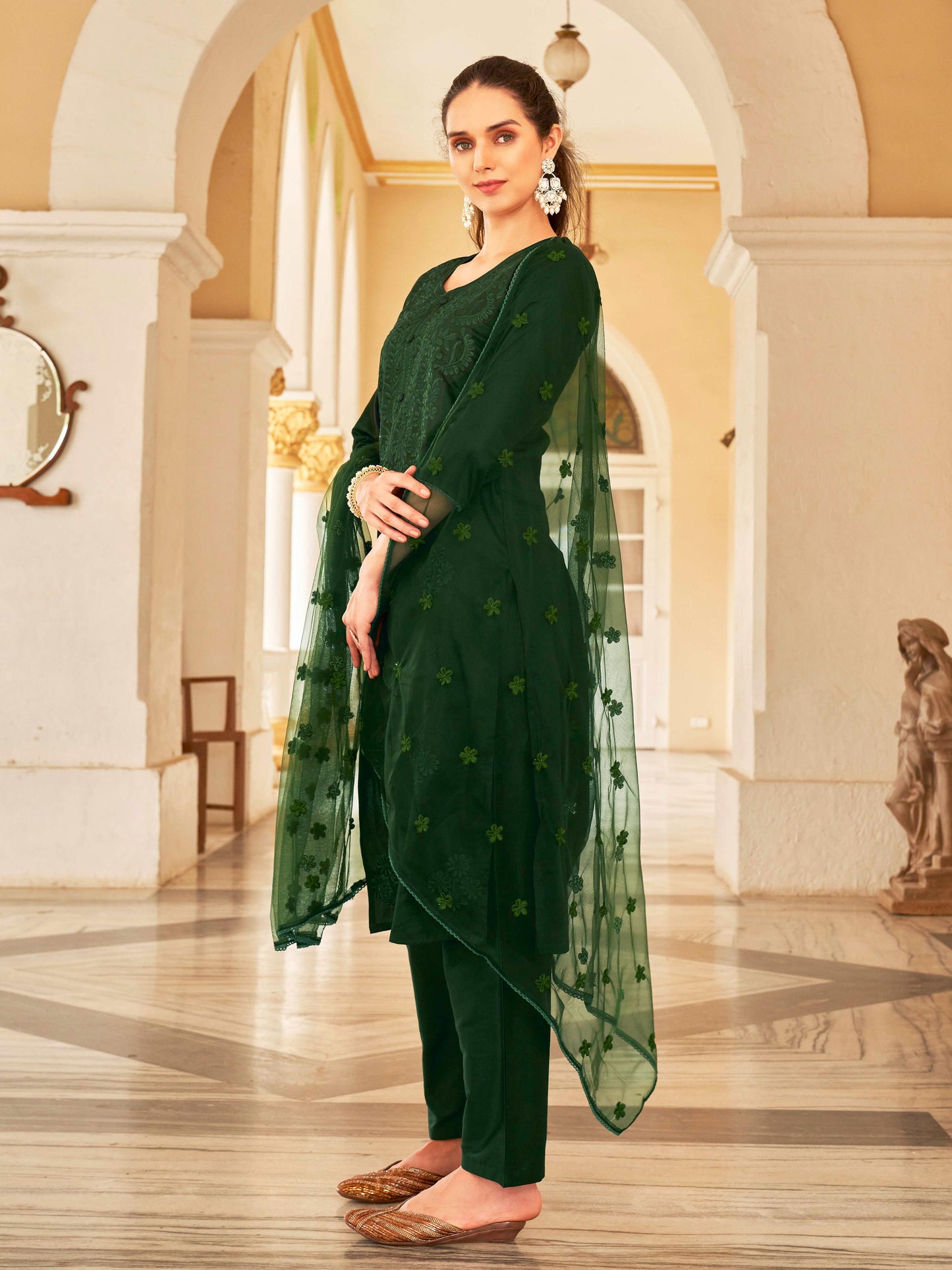 Dhiyona TI Women's Blend Tonal Thread Straight Cut Kurta with Pant and Dupatta