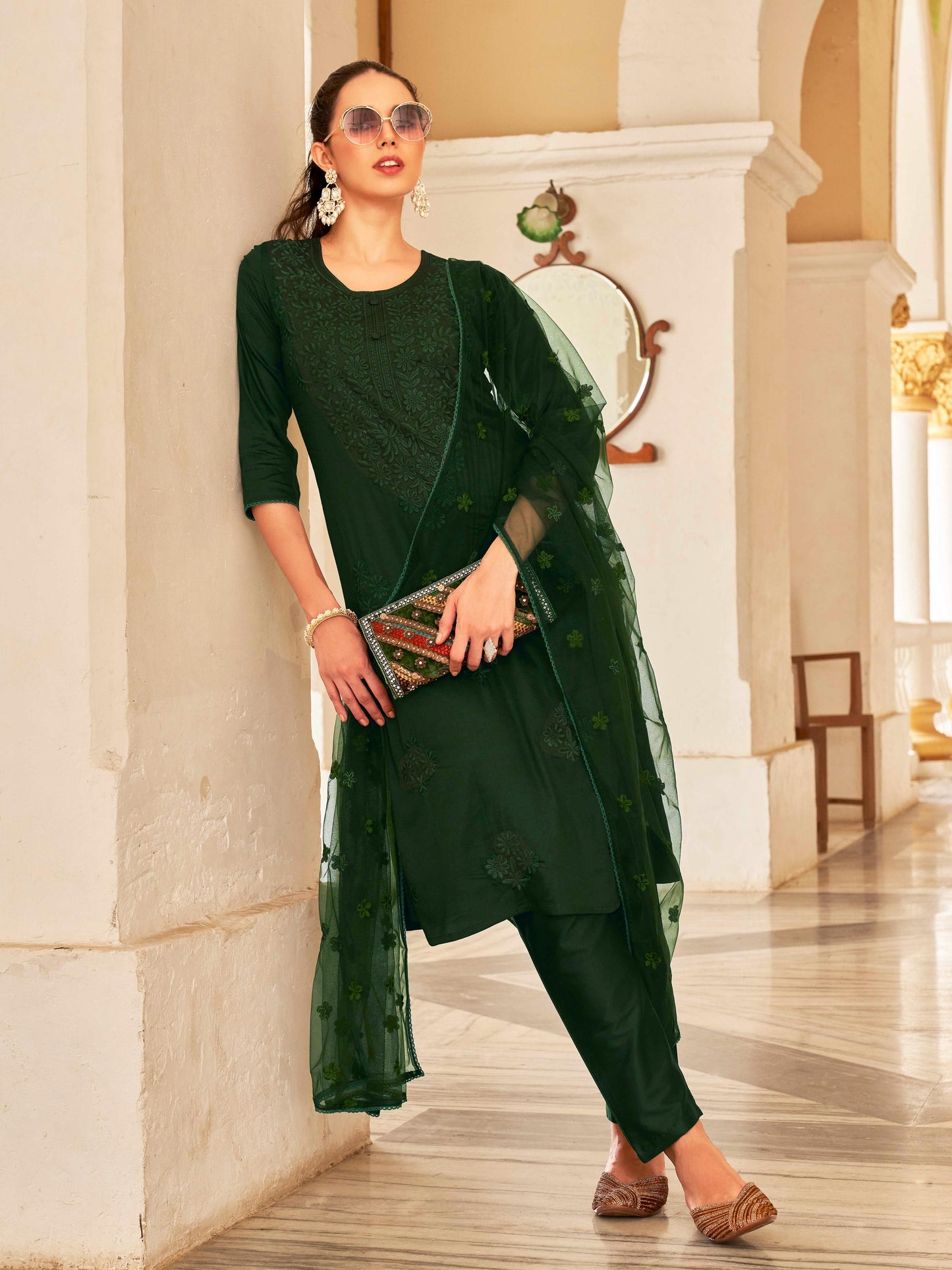 Dhiyona TI Women's Blend Tonal Thread Straight Cut Kurta with Pant and Dupatta