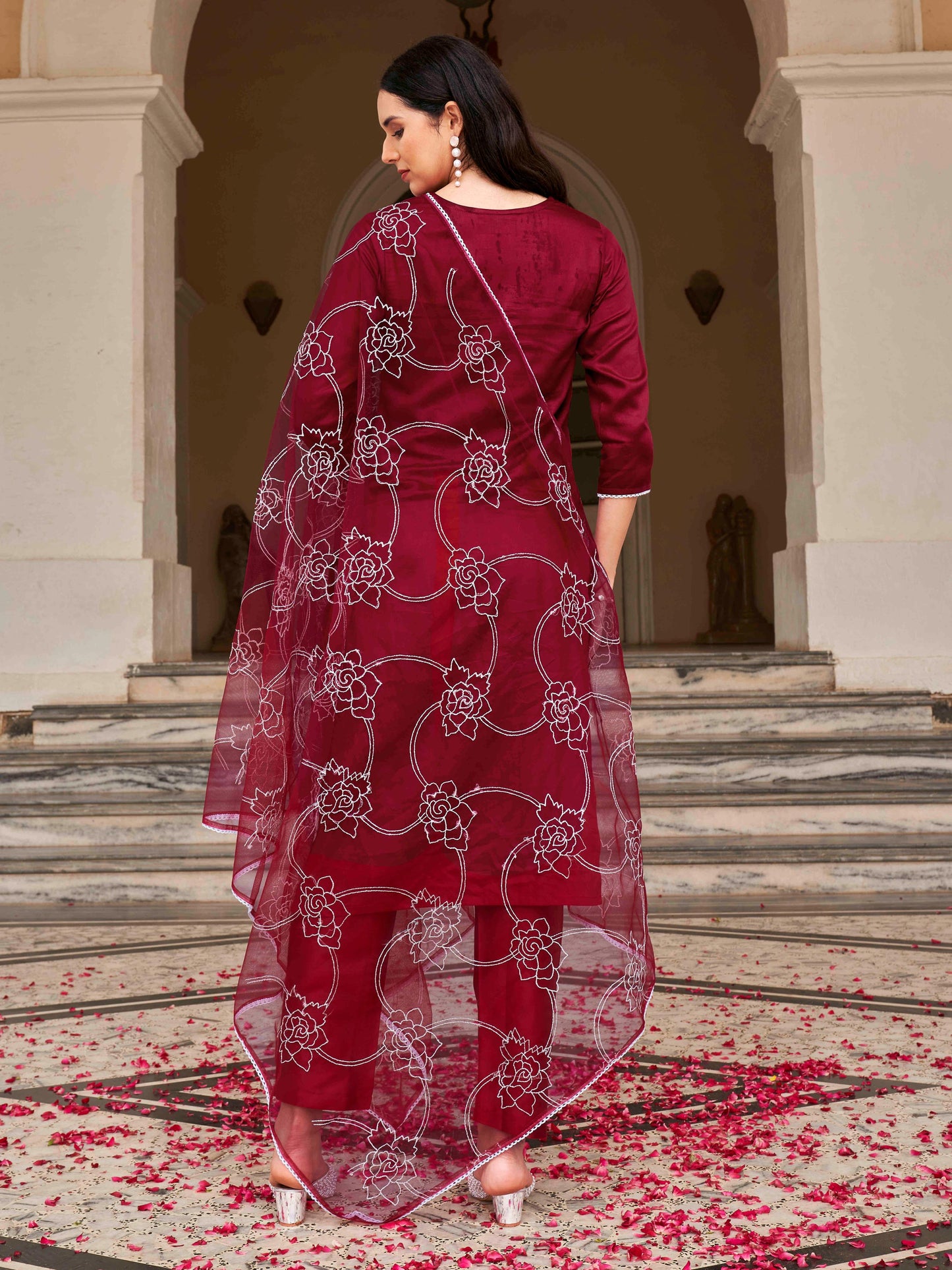 Dhiyona TI Women's Blend White Thready Work Kurta with Pant and Dupatta