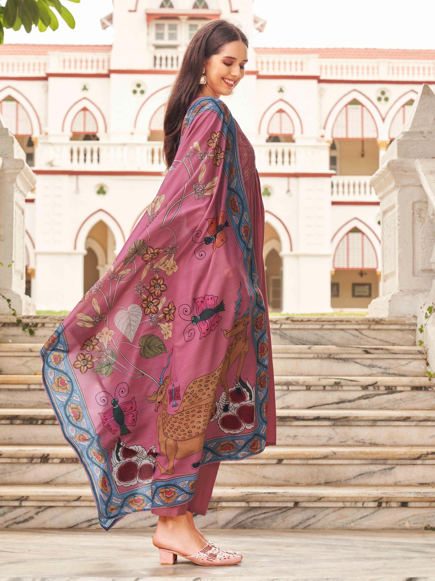 Dhiyona TI Women's Tonal Thread Alia Cut Flared Kurta with Pant and Dupatta