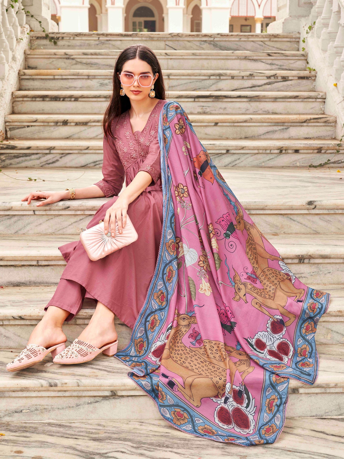 Dhiyona TI Women's Tonal Thread Alia Cut Flared Kurta with Pant and Dupatta