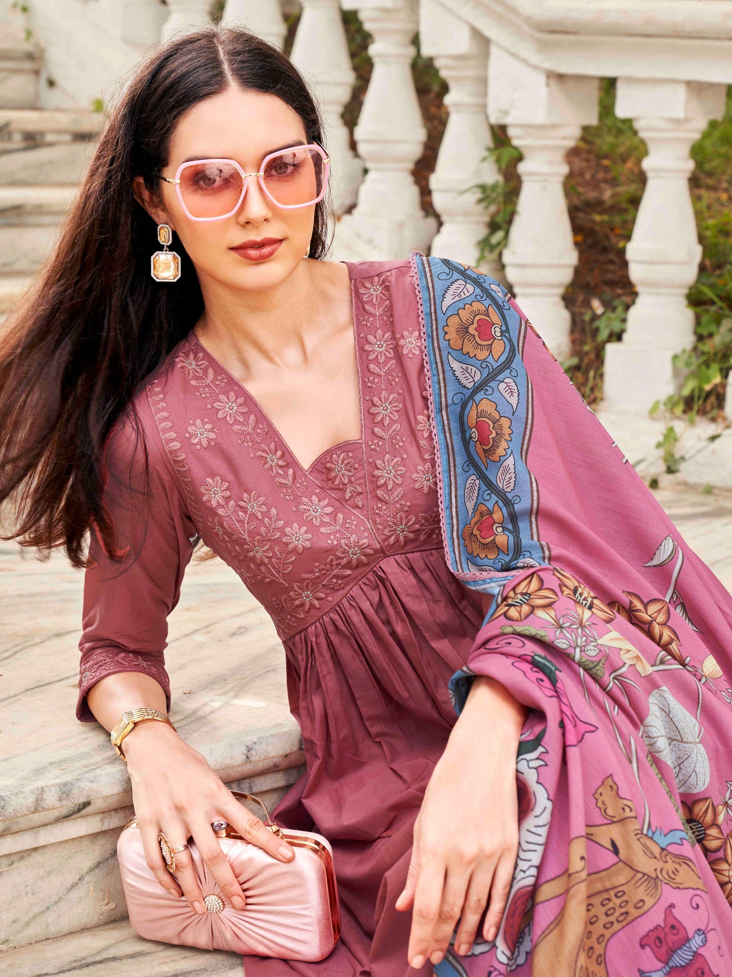 Dhiyona TI Women's Tonal Thread Alia Cut Flared Kurta with Pant and Dupatta
