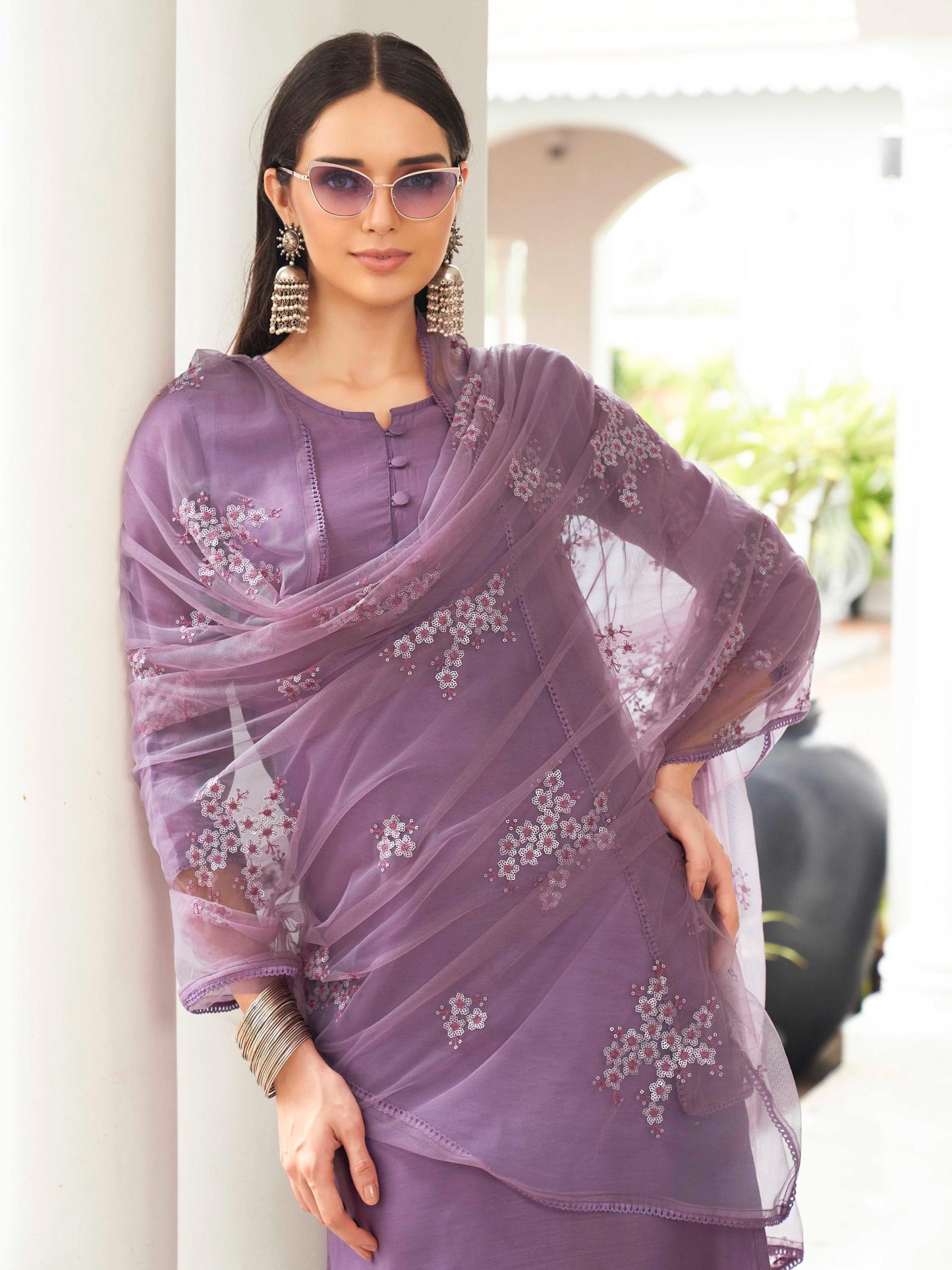 Dhiyona TI Women's Purple Solid Kurta and Pants with Dupatta