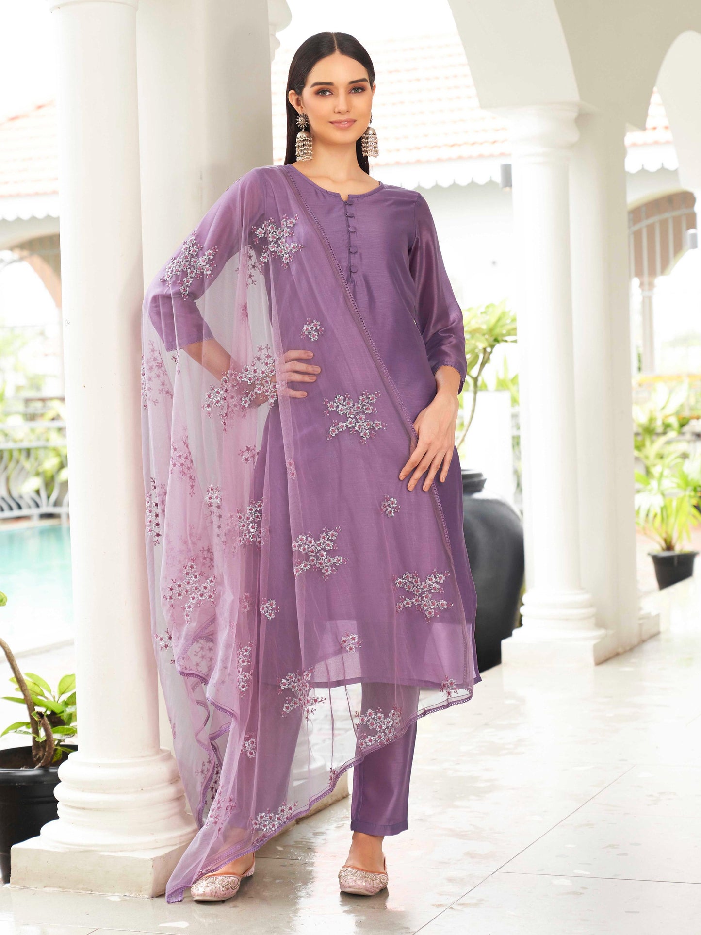 Dhiyona TI Women's Purple Solid Kurta and Pants with Dupatta