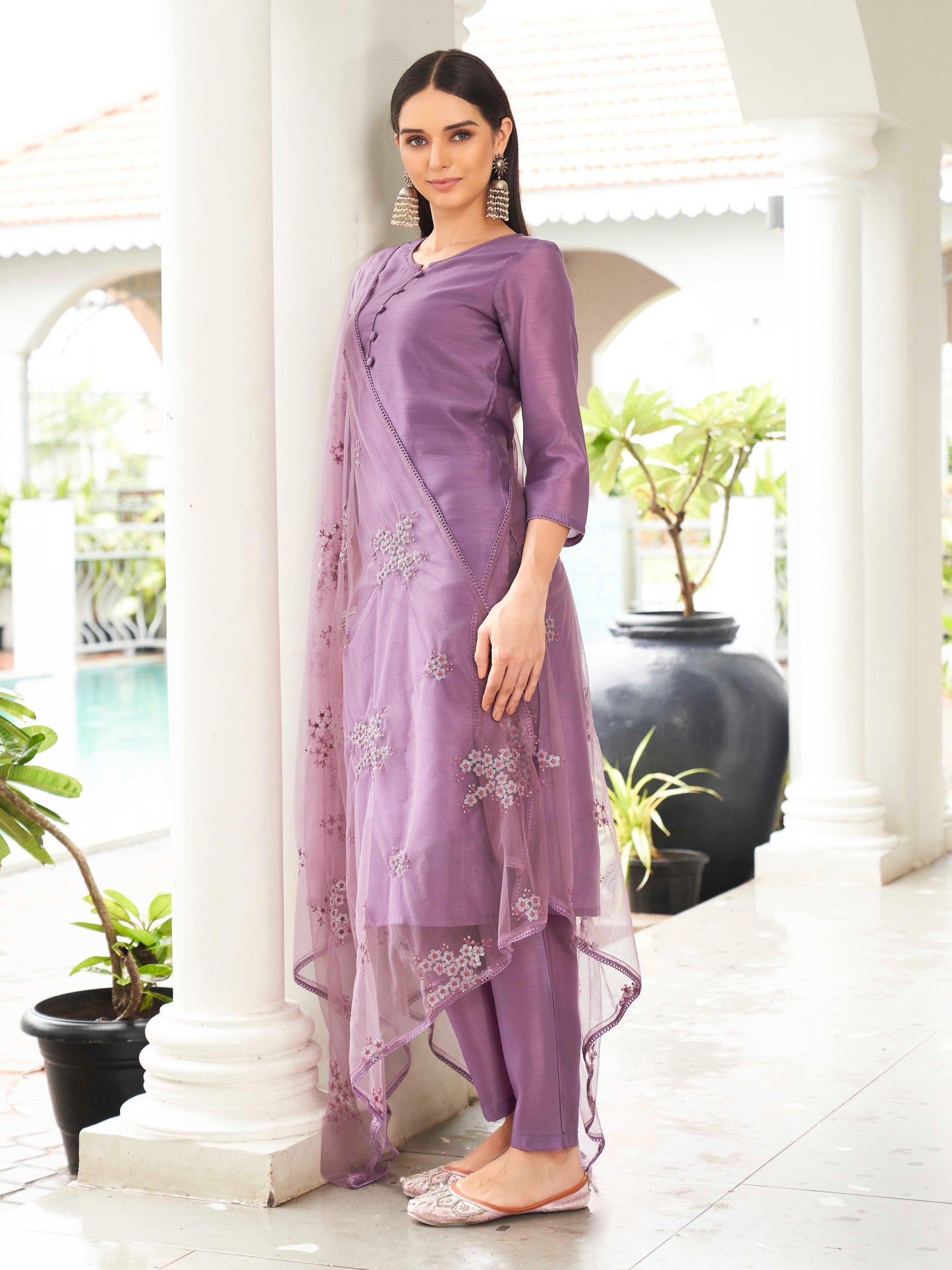 Dhiyona TI Women's Purple Solid Kurta and Pants with Dupatta