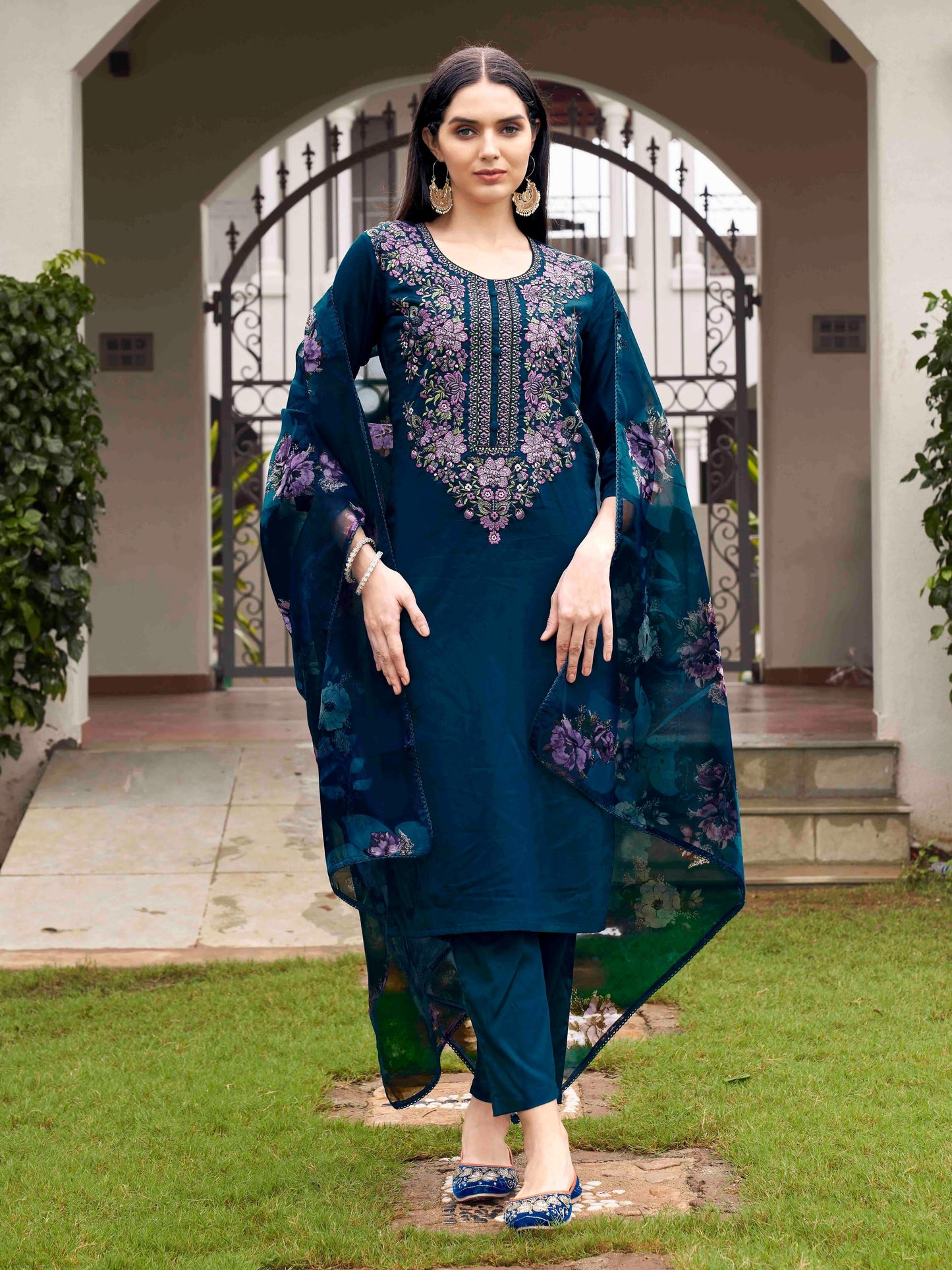 Dhiyona TI Women's Teal Blue Embroidered Kurta and Pants with Dupatta