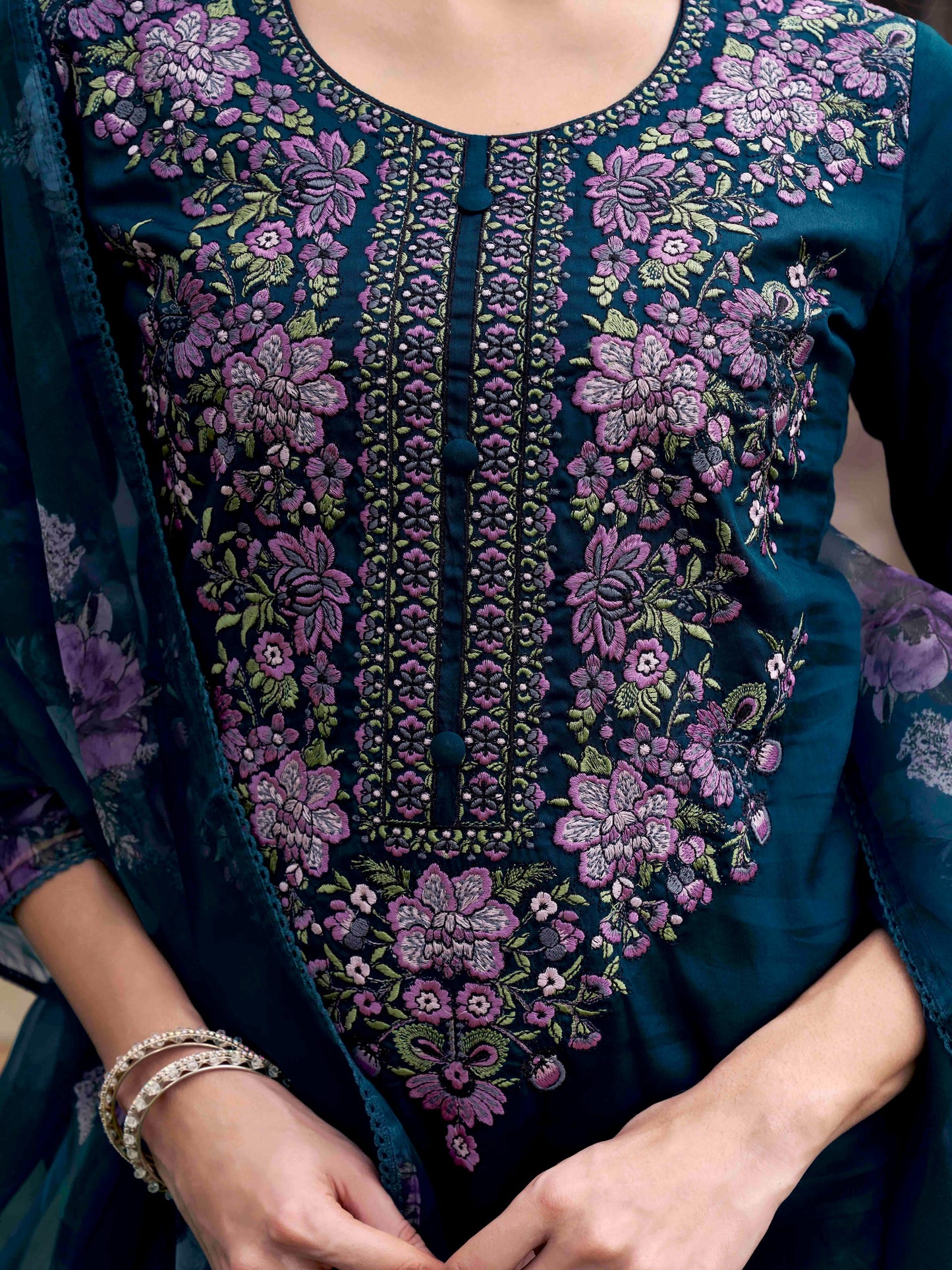 Dhiyona TI Women's Teal Blue Embroidered Kurta and Pants with Dupatta