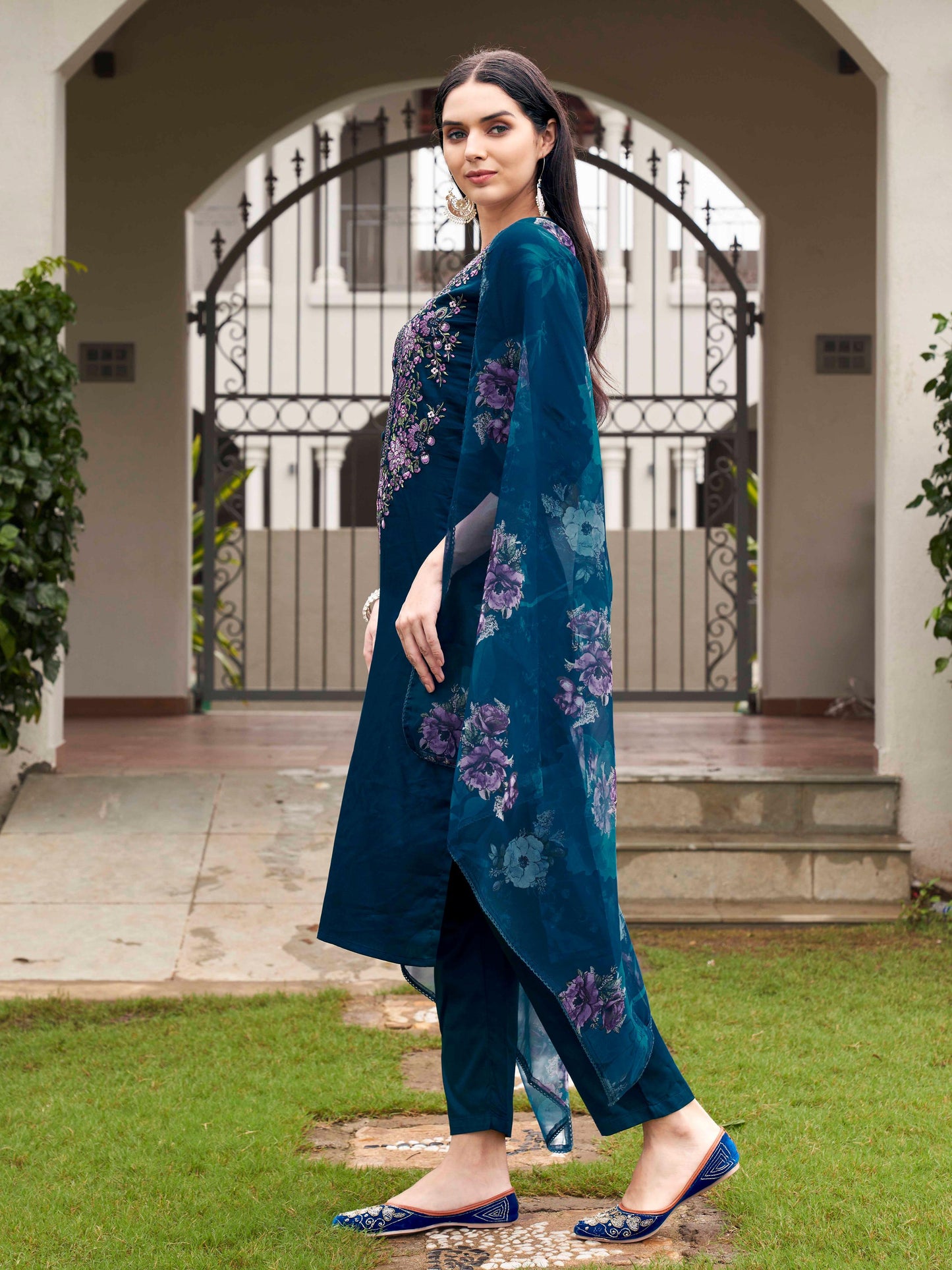 Dhiyona TI Women's Teal Blue Embroidered Kurta and Pants with Dupatta