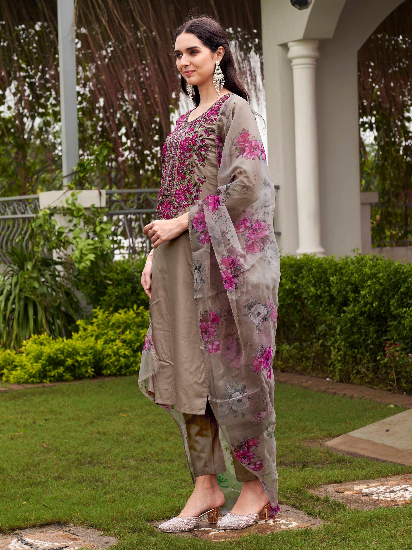 Dhiyona TI Women's Brown Embroidered Kurta and Pants with Dupatta