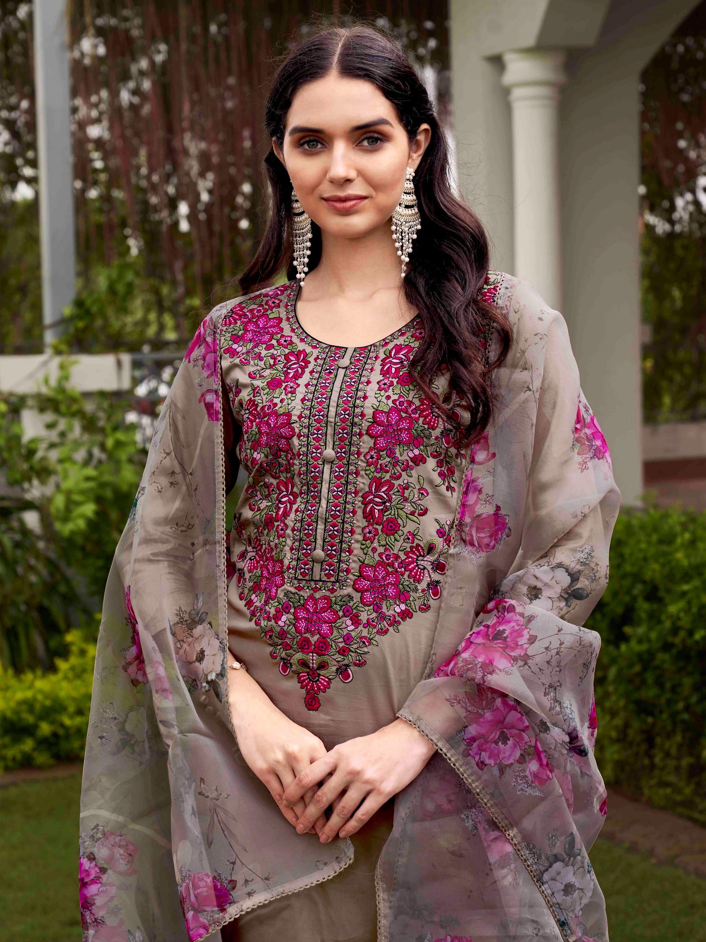Dhiyona TI Women's Brown Embroidered Kurta and Pants with Dupatta