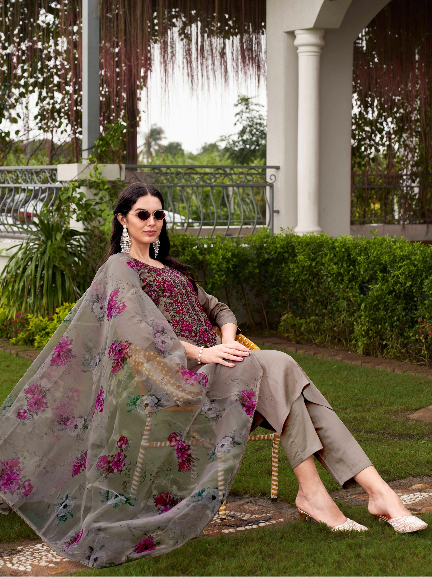 Dhiyona TI Women's Brown Embroidered Kurta and Pants with Dupatta