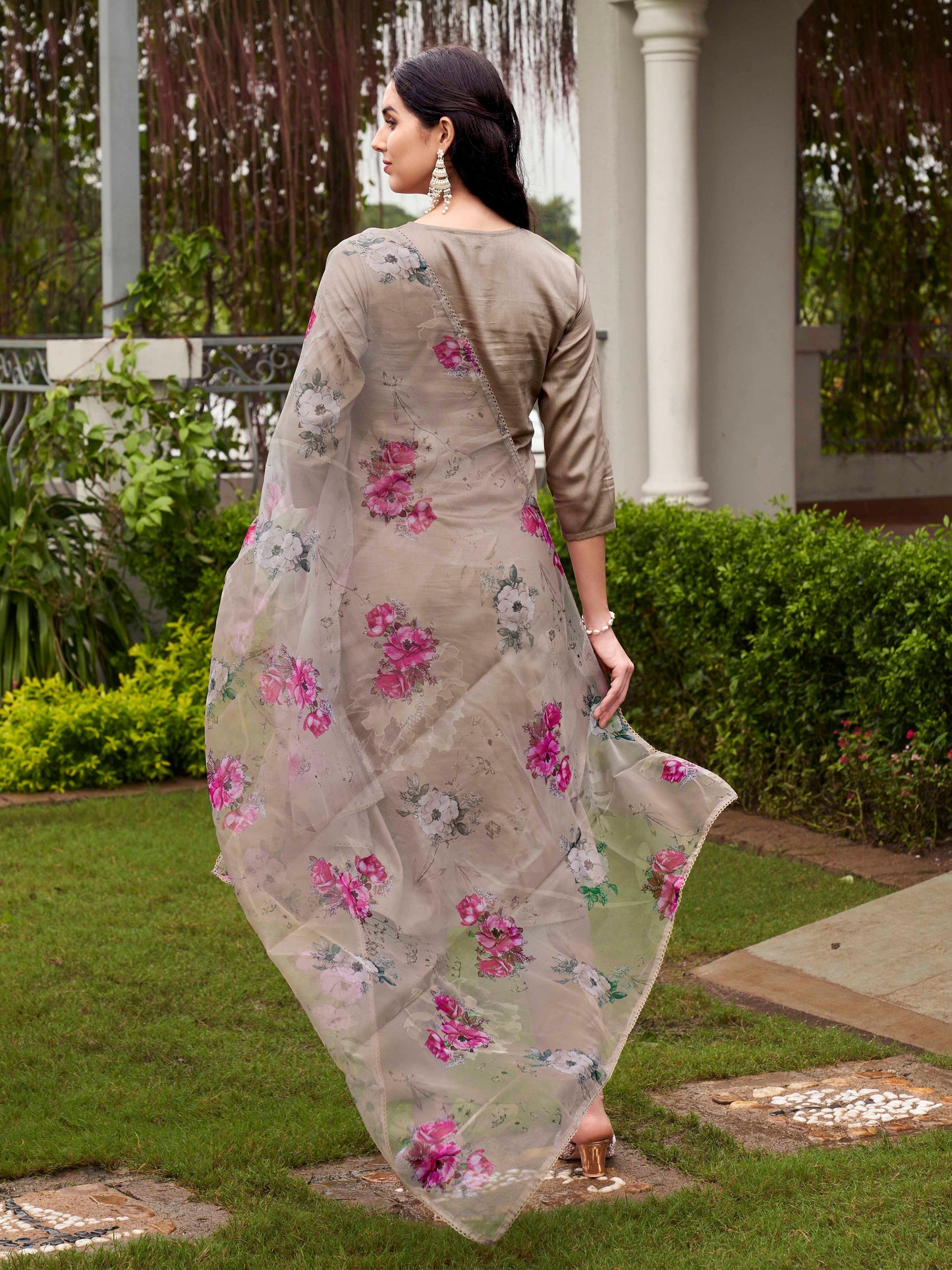 Dhiyona TI Women's Brown Embroidered Kurta and Pants with Dupatta