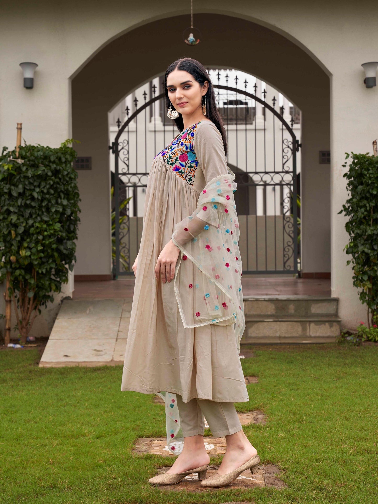 Dhiyona TI Women's Beige Parsi Embroidered Flared Kurta and Pants with Dupatta