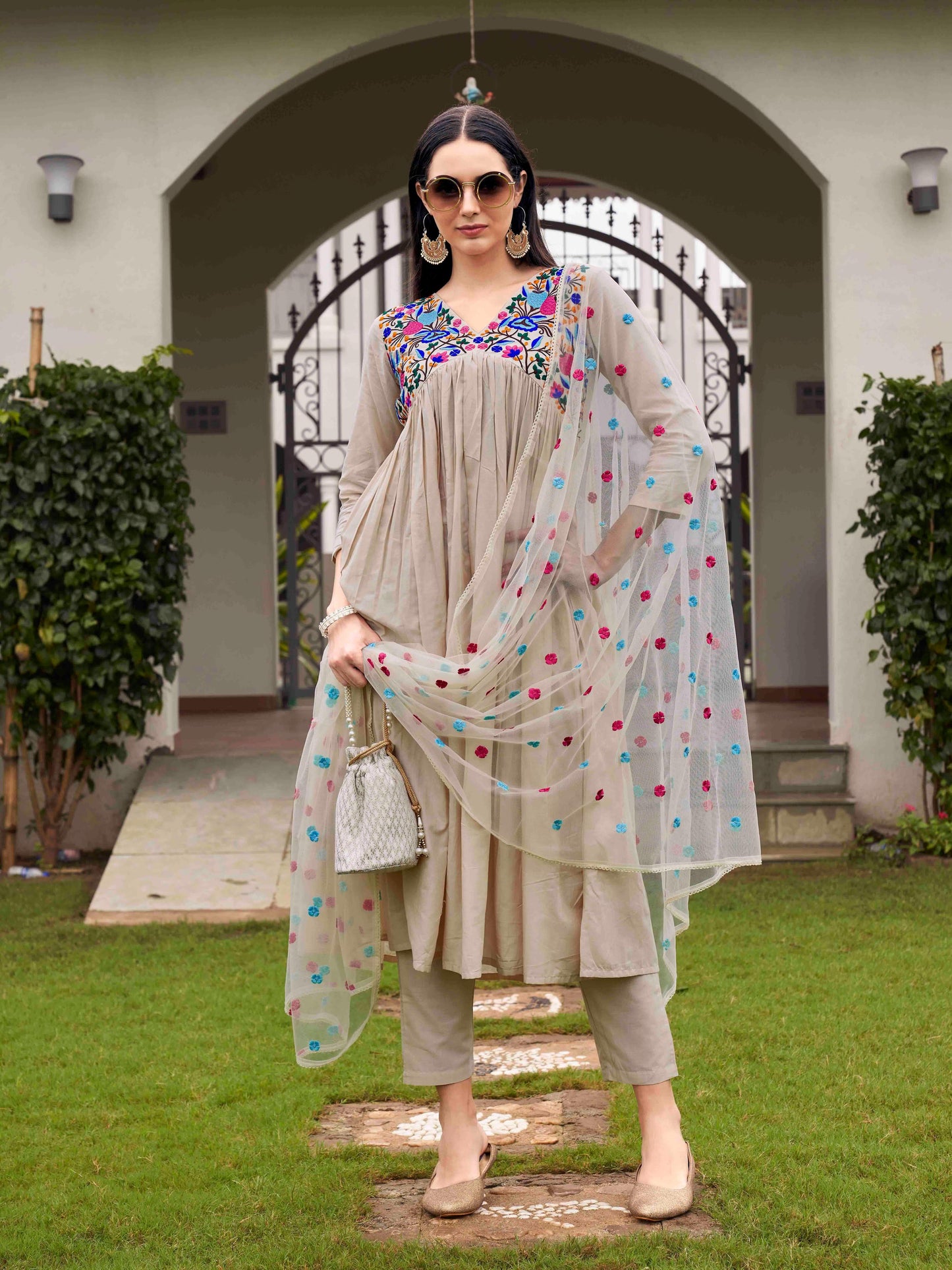 Dhiyona TI Women's Beige Parsi Embroidered Flared Kurta and Pants with Dupatta