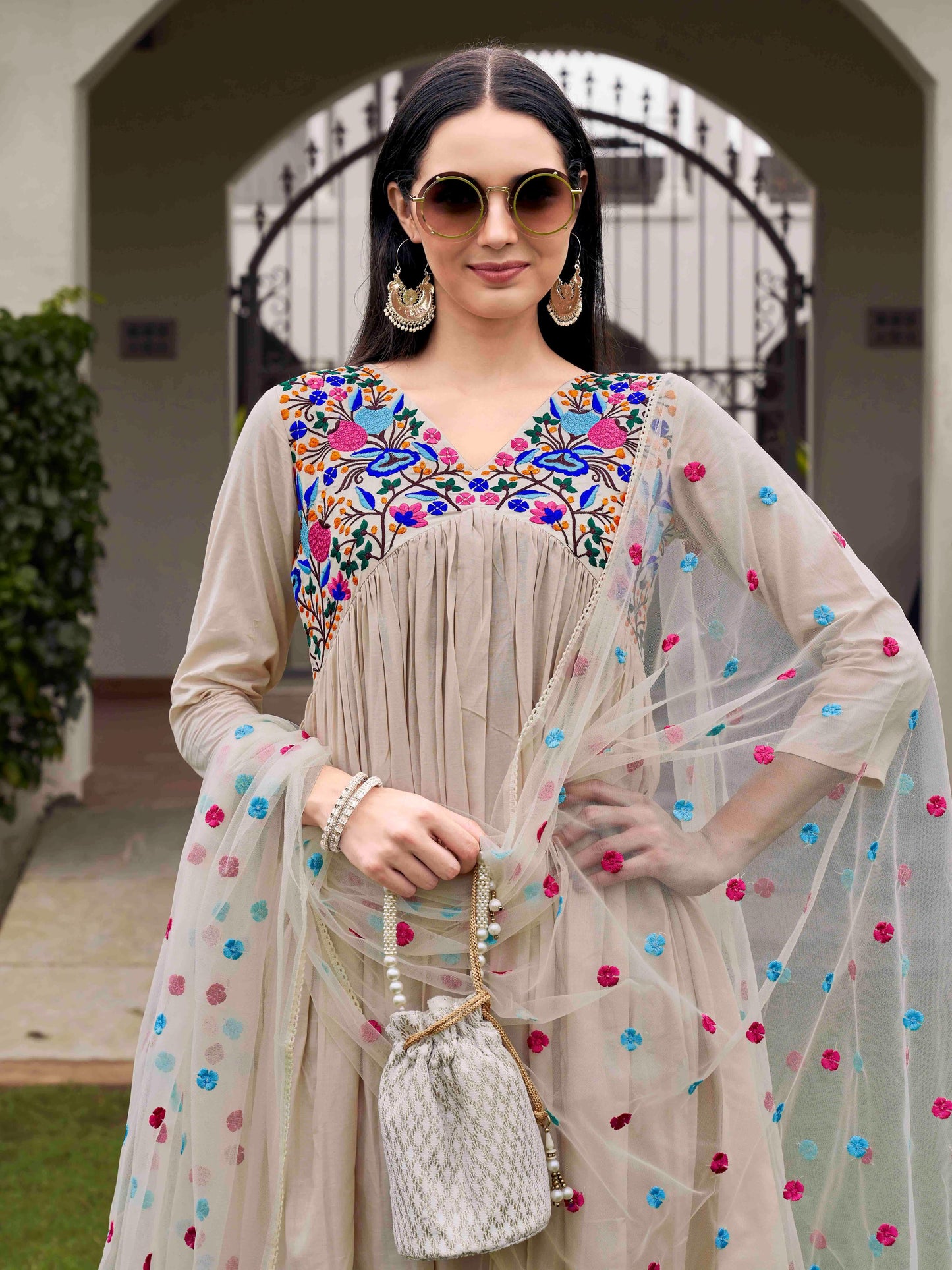 Dhiyona TI Women's Beige Parsi Embroidered Flared Kurta and Pants with Dupatta
