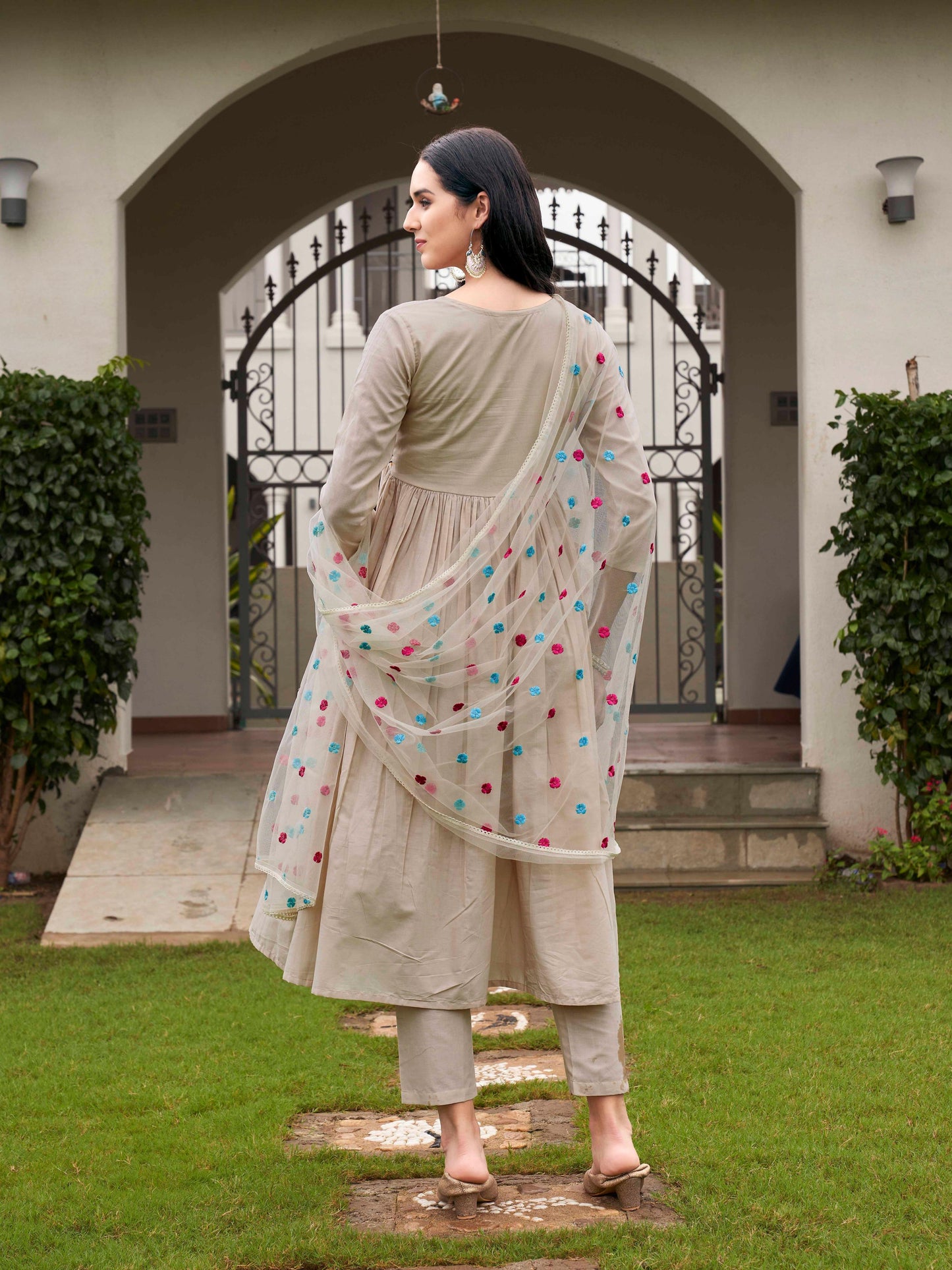 Dhiyona TI Women's Beige Parsi Embroidered Flared Kurta and Pants with Dupatta