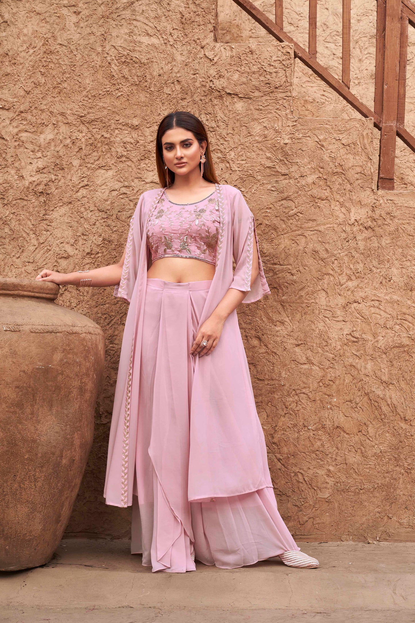 Dhiyona TI Women's Women Pink Georgette Embroidered Co Ord