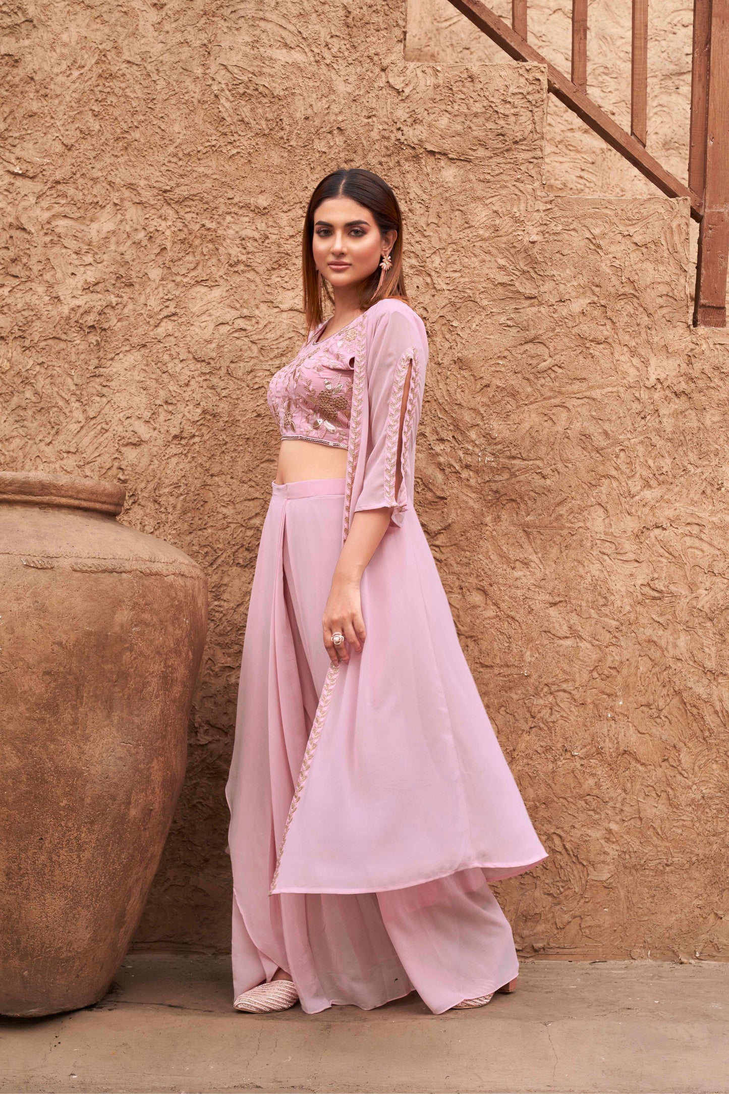 Dhiyona TI Women's Women Pink Georgette Embroidered Co Ord