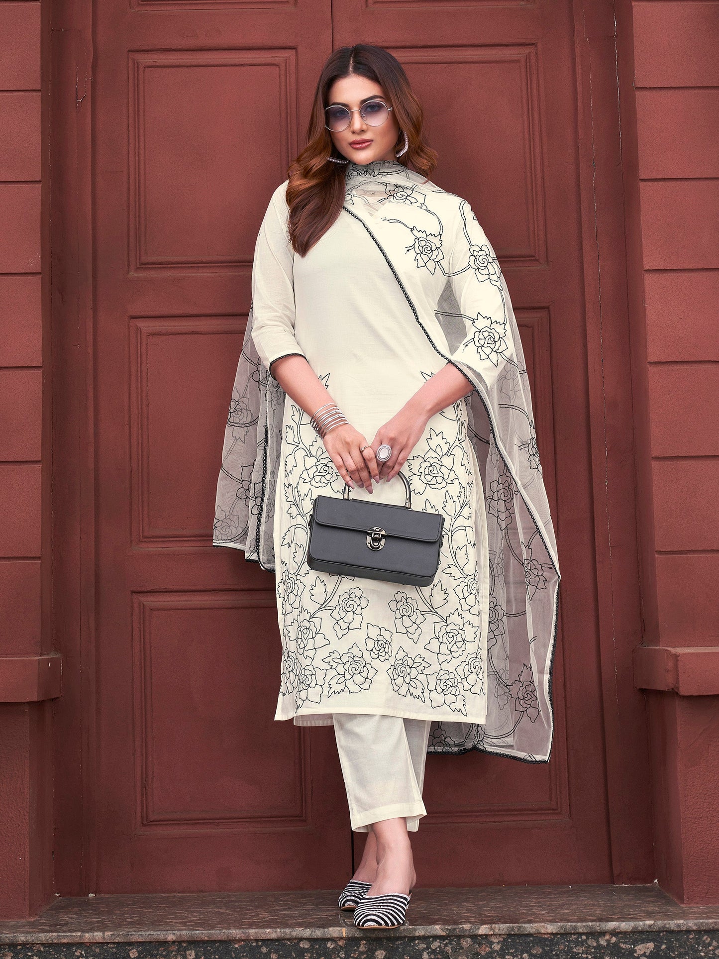 Dhiyona TI Women's Women White Pure Cotton Embroidered Kurta with Pant and Dupatta