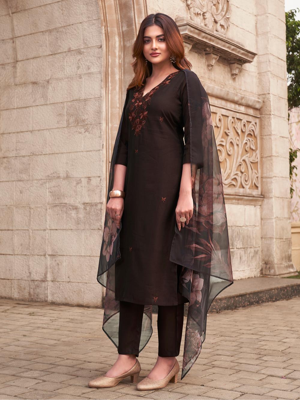 Dhiyona TI Women's Brown Kurta and Pant with Printed Dupatta