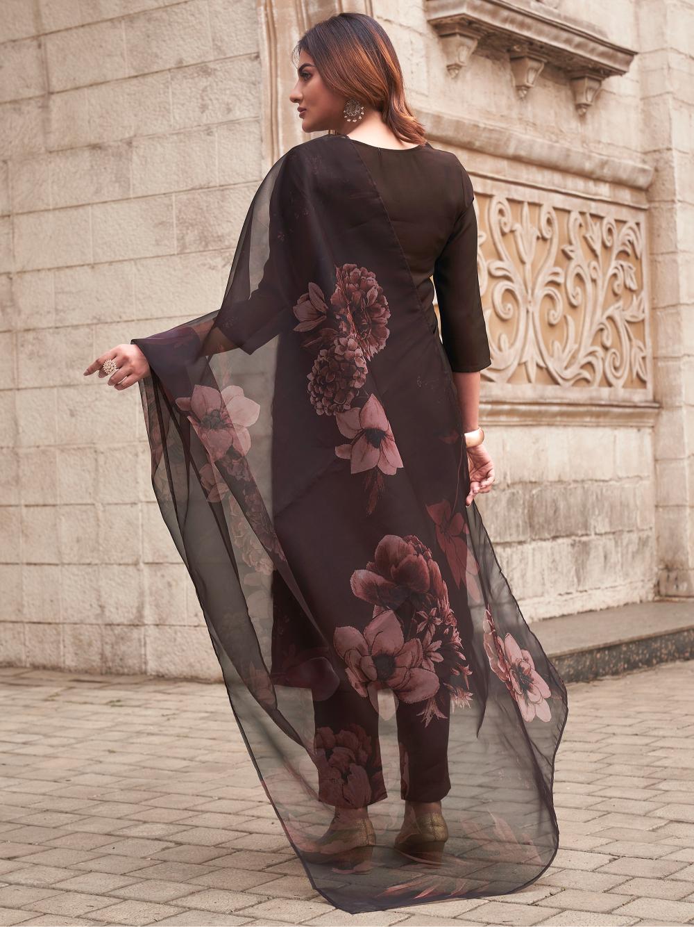 Dhiyona TI Women's Brown Kurta and Pant with Printed Dupatta