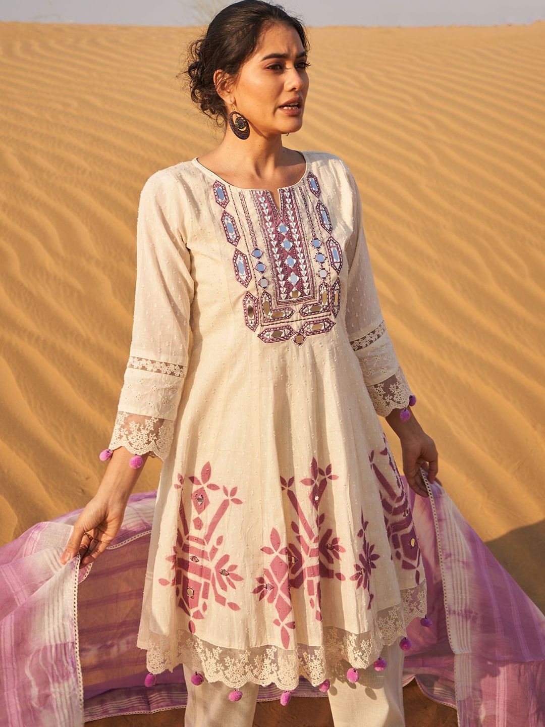 Geometric Printed Mirror Work A-Line Pure Cotton Kurta With Trousers & Dupatta