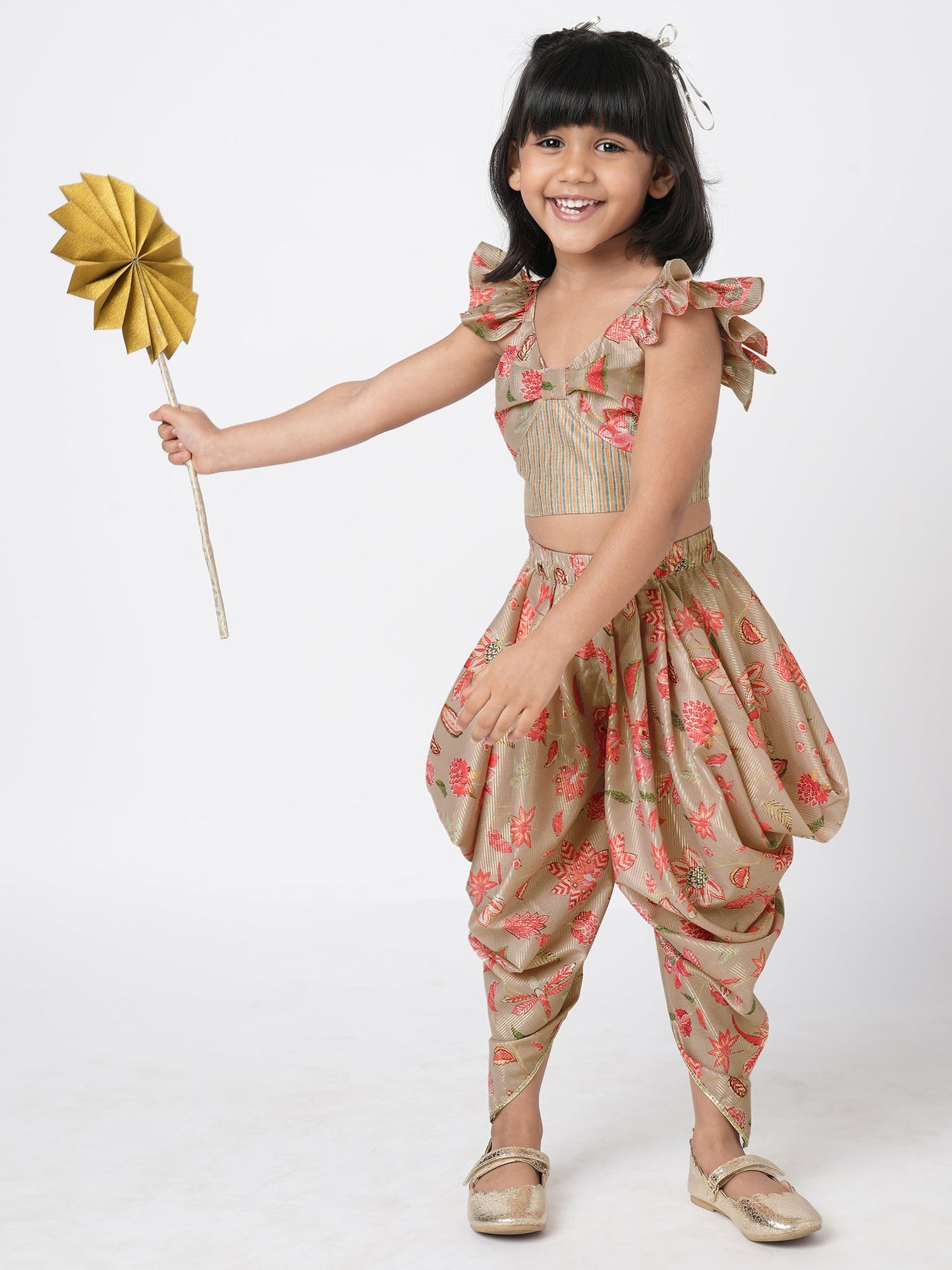 Golden Weaves Beige Crop Top with Dhoti Girls Co-ordinate set