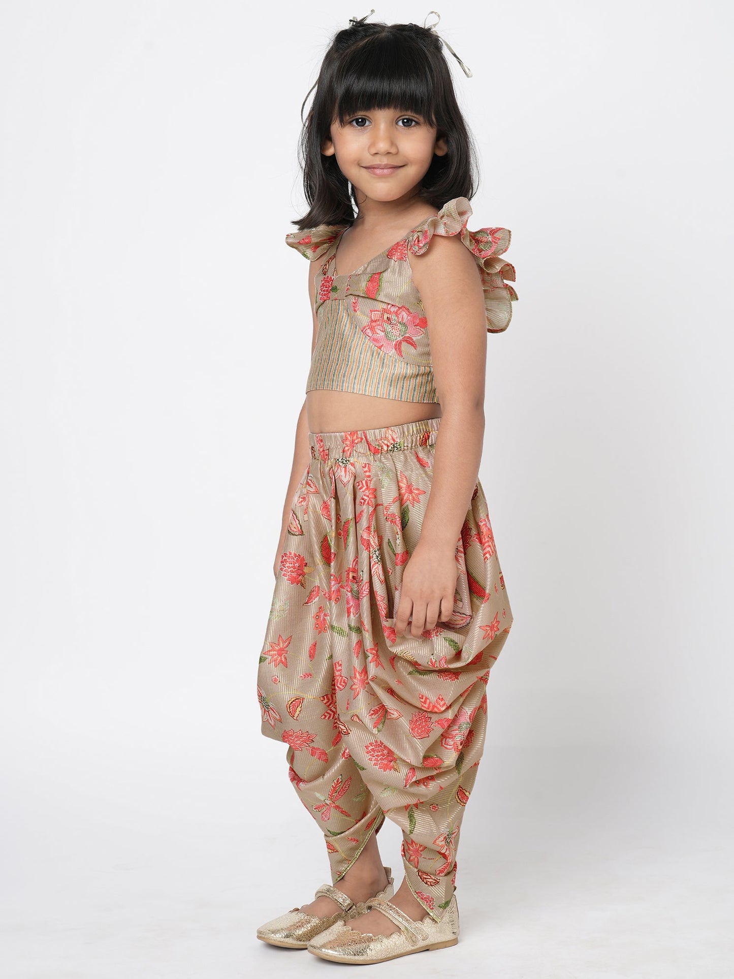 Golden Weaves Beige Crop Top with Dhoti Girls Co-ordinate set