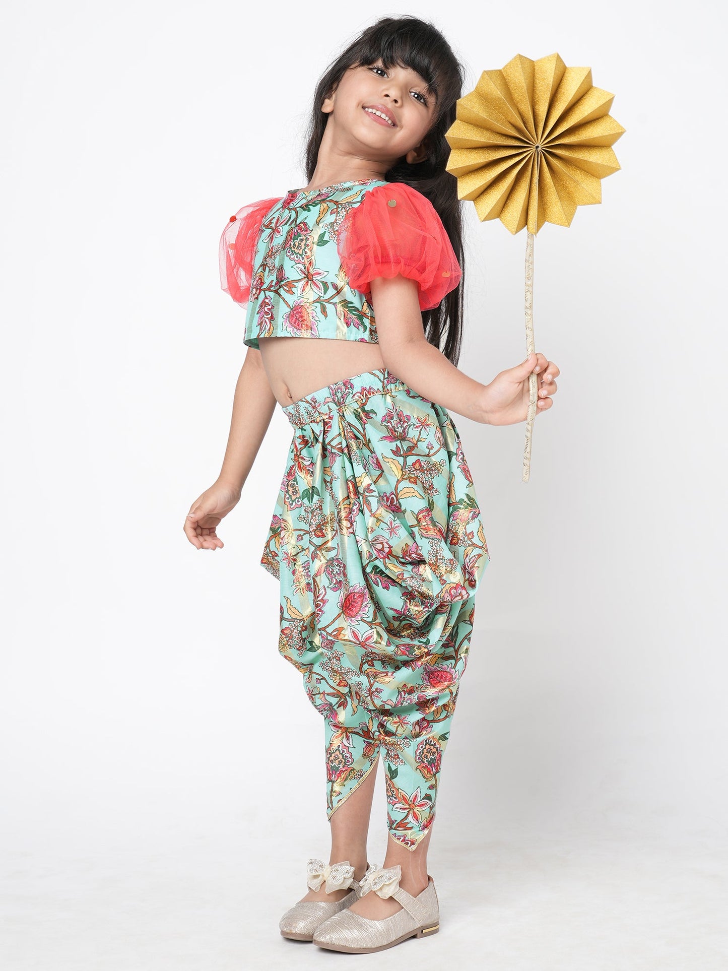 Golden Weaves Blue Crop Top with Dhoti Girls Co-ordinate set