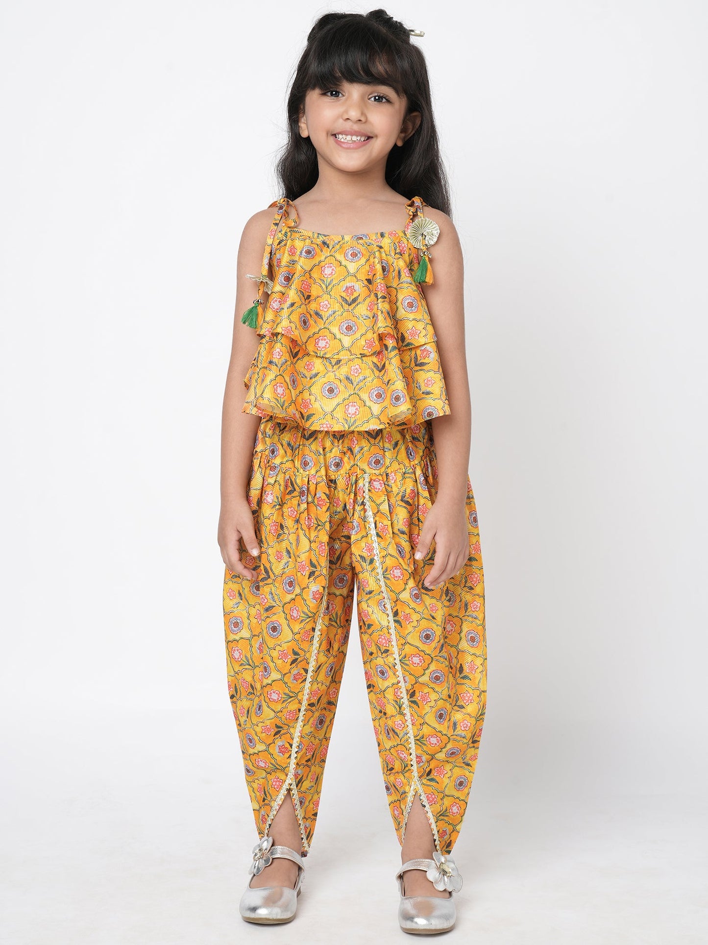 Golden Weaves Yellow Crop Top with Dhoti Girls Co-ordinate set