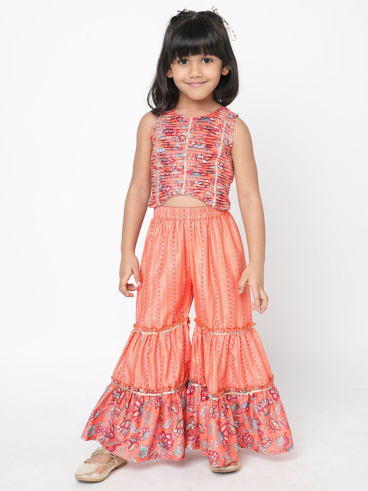 Golden Weaves Orange Crop Top with Palazzo Girls Co-ordinate set