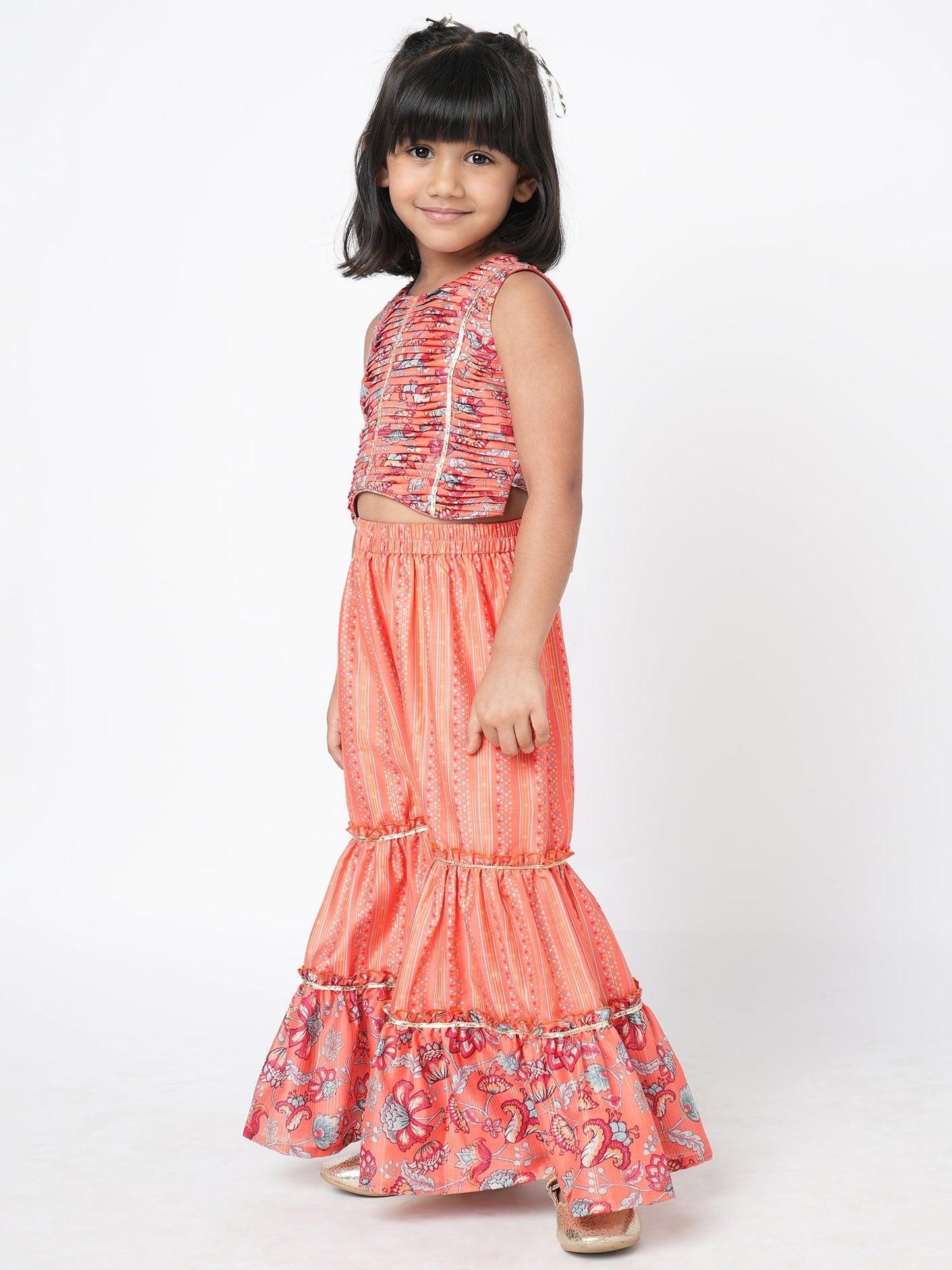 Golden Weaves Orange Crop Top with Palazzo Girls Co-ordinate set