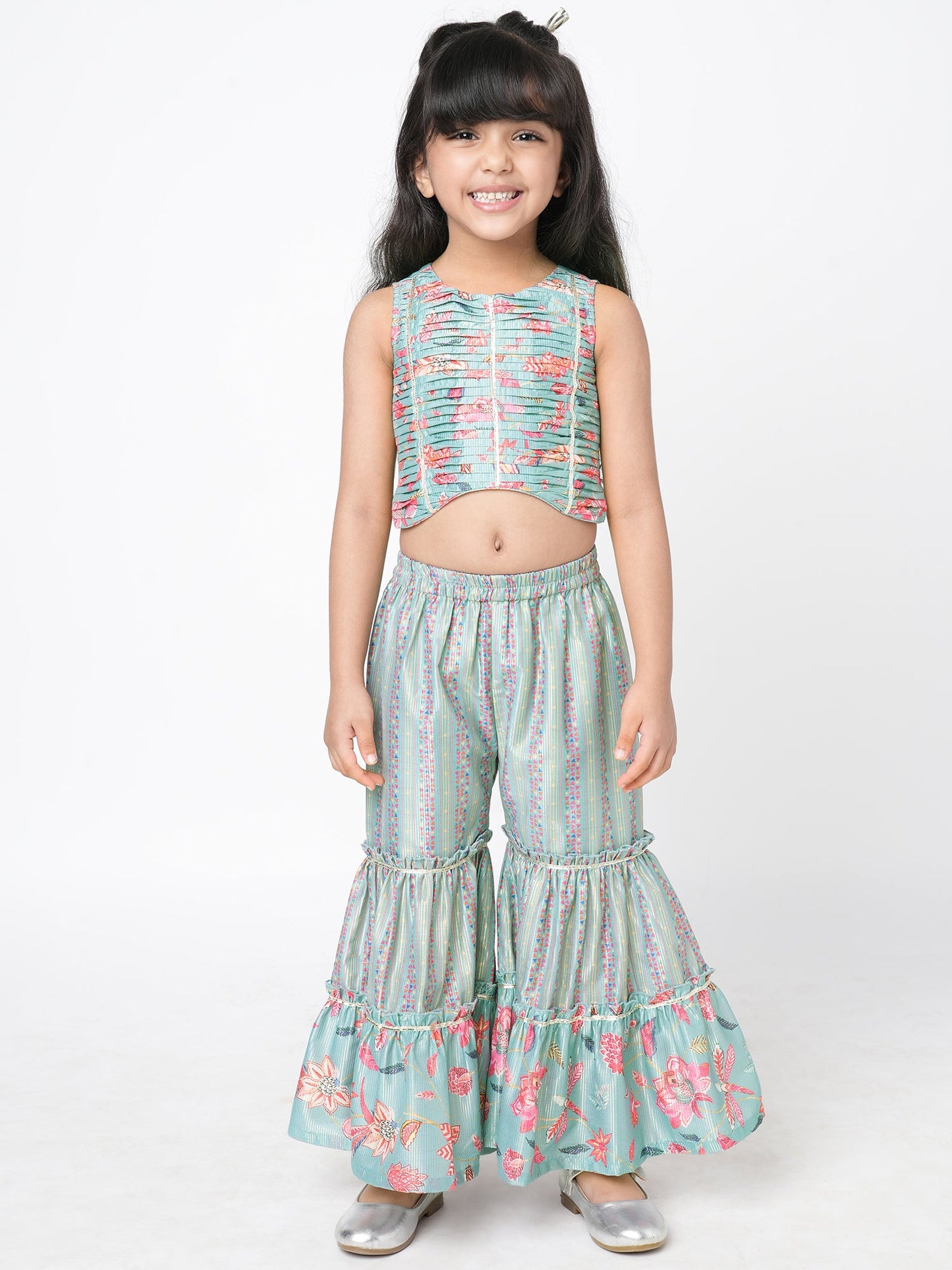 Golden Weaves Blue Crop Top with Palazzo Girls Co-ordinate set