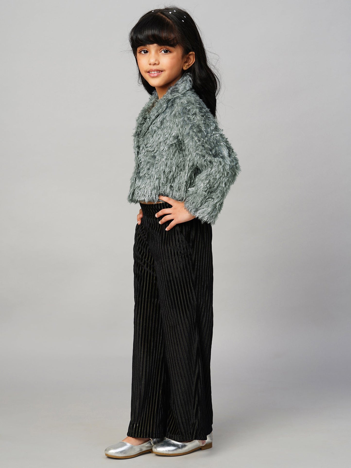 Glam Up Girls Party Fur Jacket With Palazzo Pant