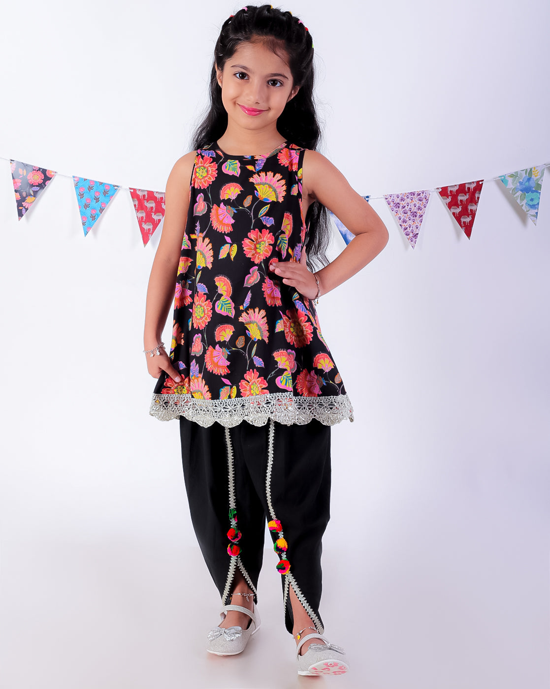 Jaipur Girls Black Cotton Kurta with Dhoti Ethnic Set