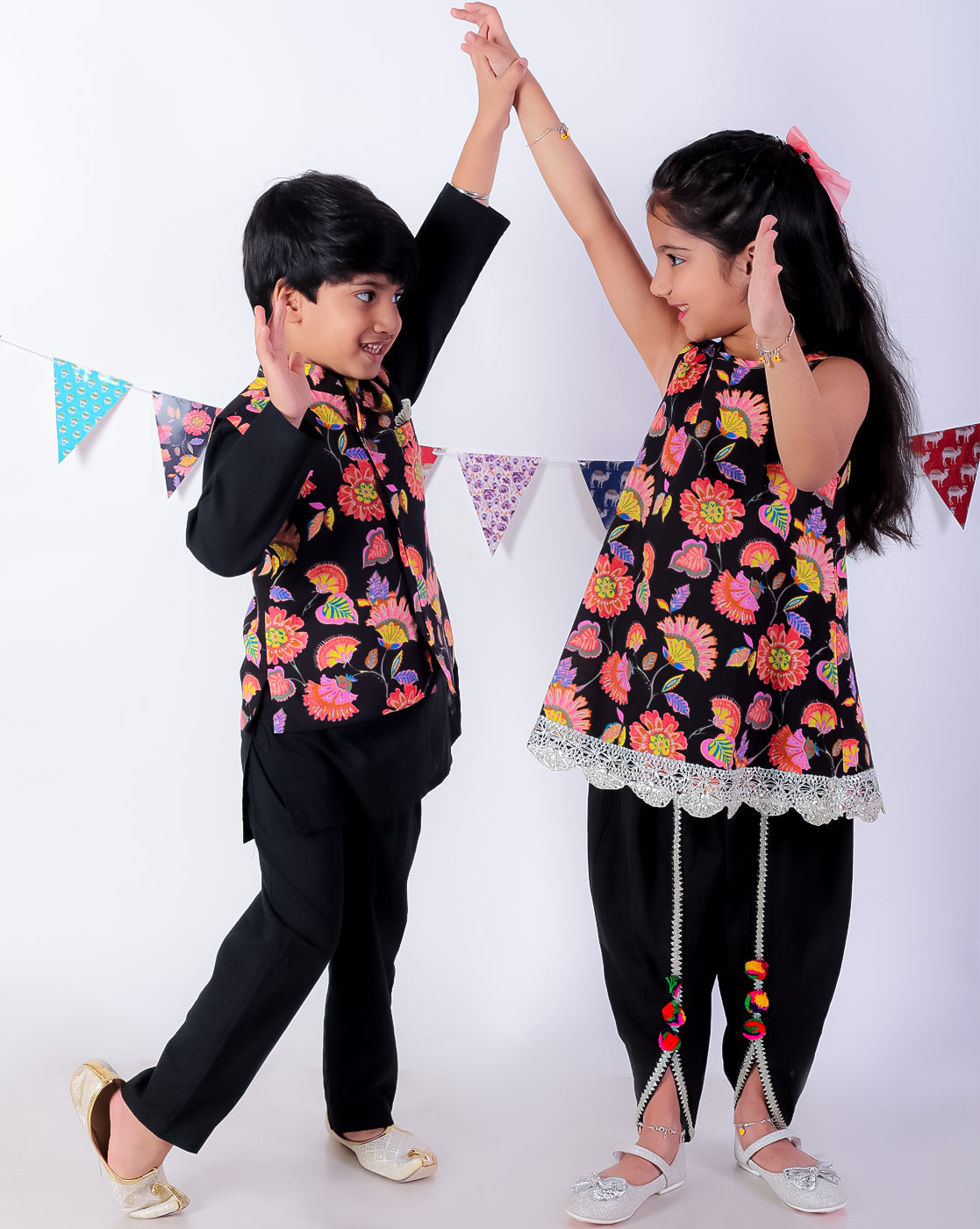 Jaipur Girls Black Cotton Kurta with Dhoti Ethnic Set