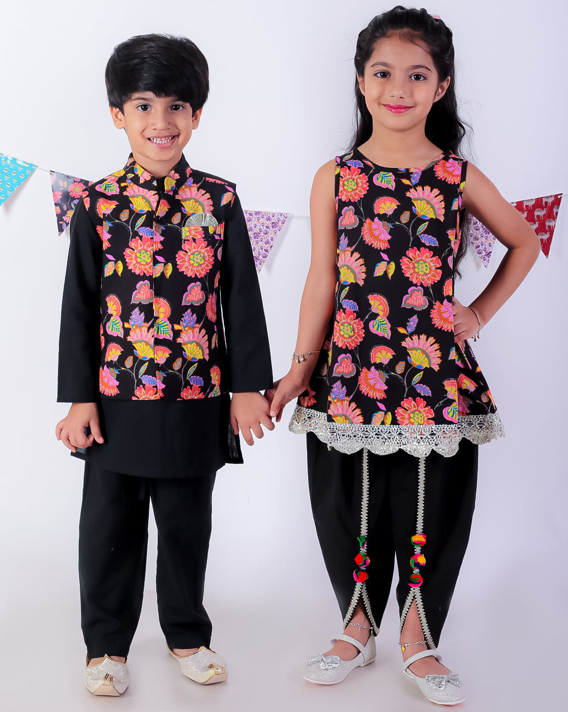 Jaipur Girls Black Cotton Kurta with Dhoti Ethnic Set