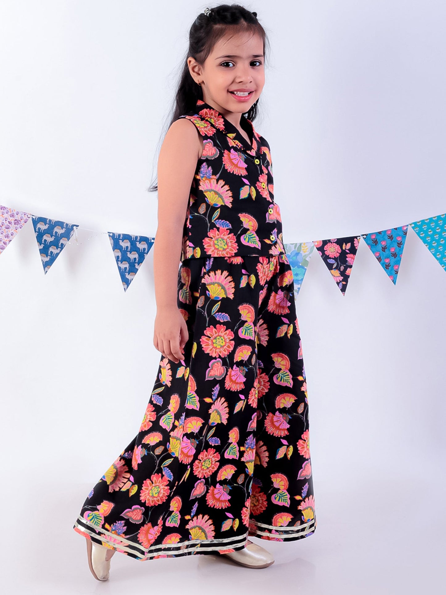 Jaipur Girls Black Cotton Top with Pant Co-ordinate Ethnic Set