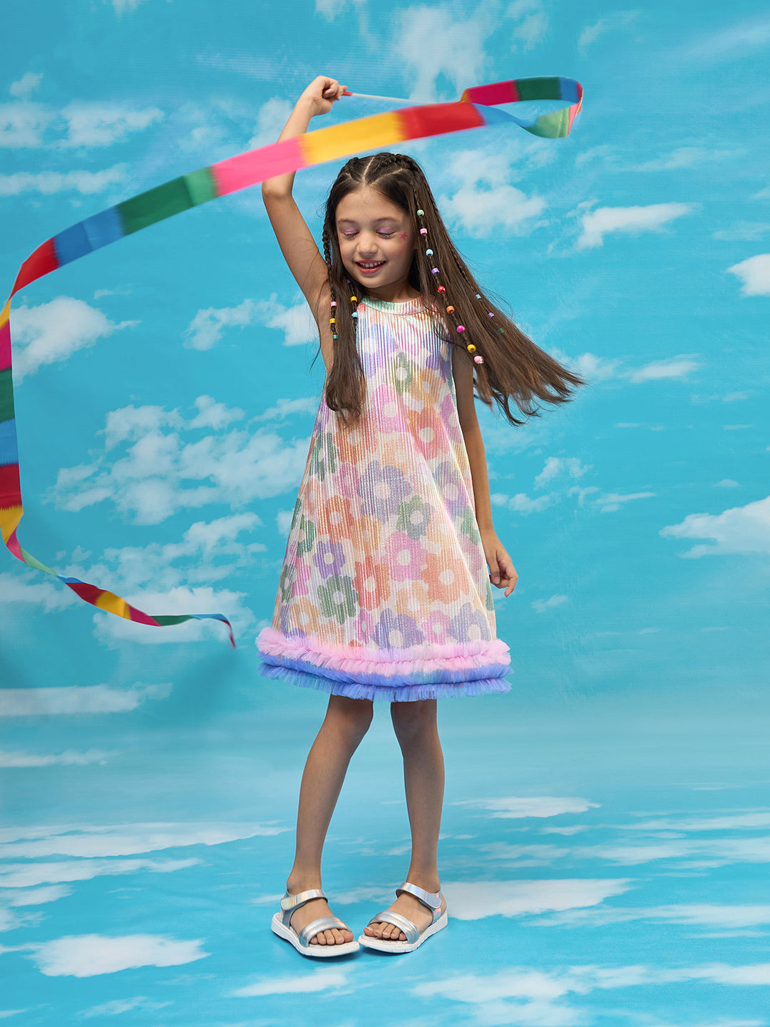 Rainbow Girls Multi Color Flower Pleating Party Dress